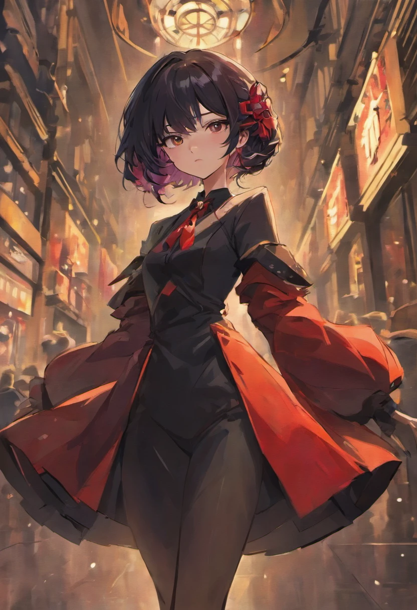 Create a captivating image that prominently features an anime-style female character in her 20s, focusing on her shiny black hair, striking black eyes, elegant pose and formal attire. The character should exude sophistication and style. The anime art style should be the central emphasis, capturing the essence and unique characteristics of this style. Place the character in an urban setting characterized by a red and black color scheme, creating a modern, metropolitan atmosphere. The character's pose and expression should radiate confidence and grace, highlighting the elegance of their formal clothes. Pay meticulous attention to the fine details of her facial features, ensuring that they reflect the anime style par excellence. Formal attire should be designed with precision, demonstrating professionalism and fashion sense. The resulting image should have a high level of realism while maintaining the distinctive aesthetic of classic anime, with a general emphasis on the character's black hair, black eyes, elegant posture and formal clothing.