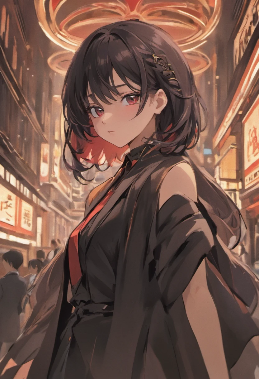 Create a captivating image that prominently features an anime-style female character in her 20s, focusing on her shiny black hair, striking black eyes, elegant pose and formal attire. The character should exude sophistication and style. The anime art style should be the central emphasis, capturing the essence and unique characteristics of this style. Place the character in an urban setting characterized by a red and black color scheme, creating a modern, metropolitan atmosphere. The character's pose and expression should radiate confidence and grace, highlighting the elegance of their formal clothes. Pay meticulous attention to the fine details of her facial features, ensuring that they reflect the anime style par excellence. Formal attire should be designed with precision, demonstrating professionalism and fashion sense. The resulting image should have a high level of realism while maintaining the distinctive aesthetic of classic anime, with a general emphasis on the character's black hair, black eyes, elegant posture and formal clothing.