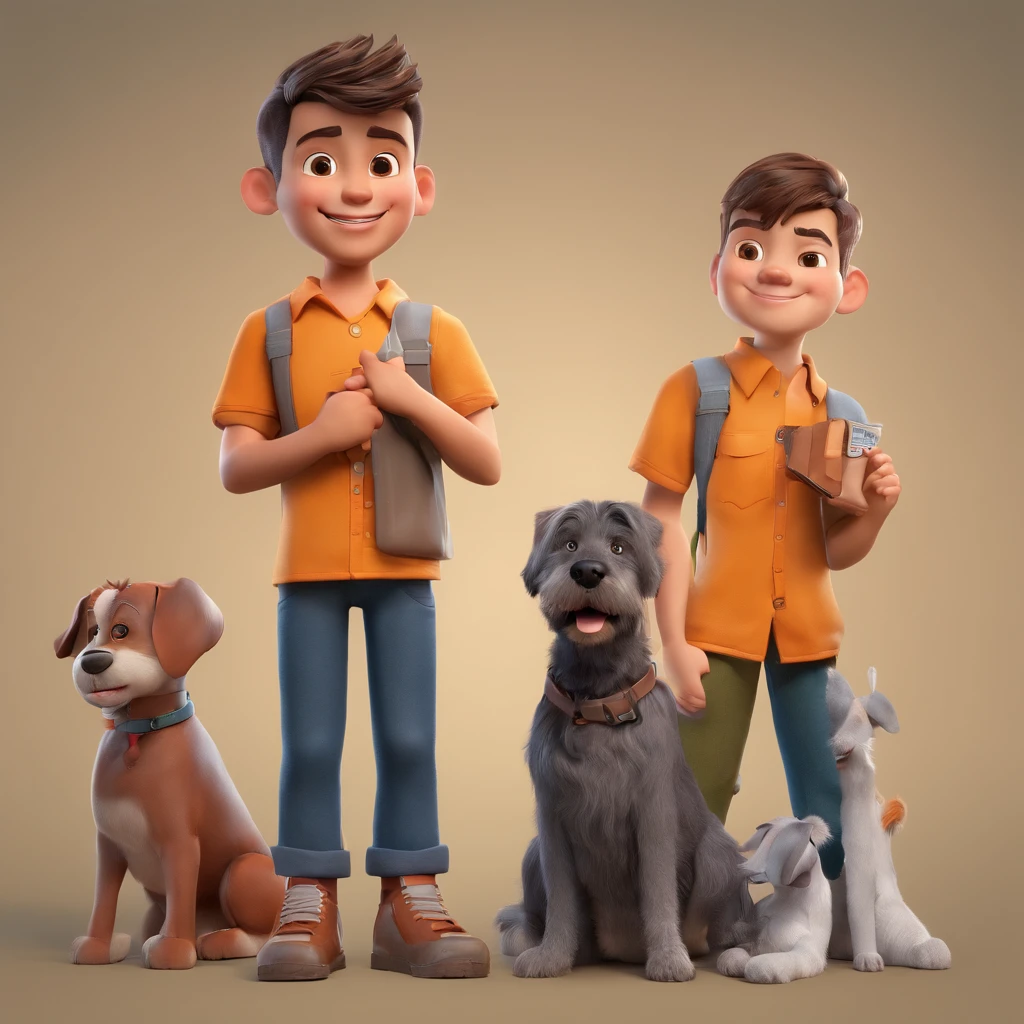 Lucas is a smiling 15-year-old human boy, com seu fiel amigo, Bolt, o cachorro schnauzer, deitados no jardim