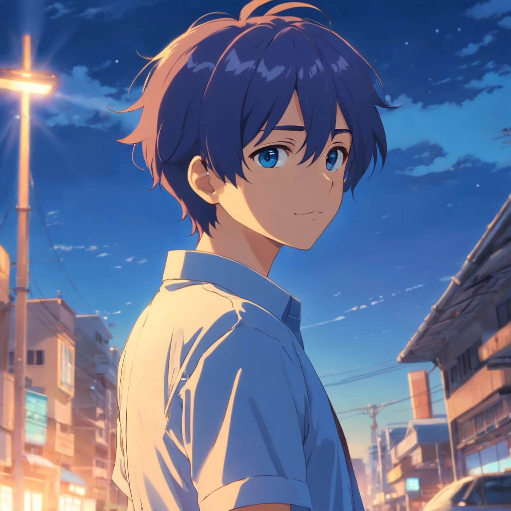 Homem de 30 anos sorrindo, camisa azul Basic, olhos castanho-escuro, anime version