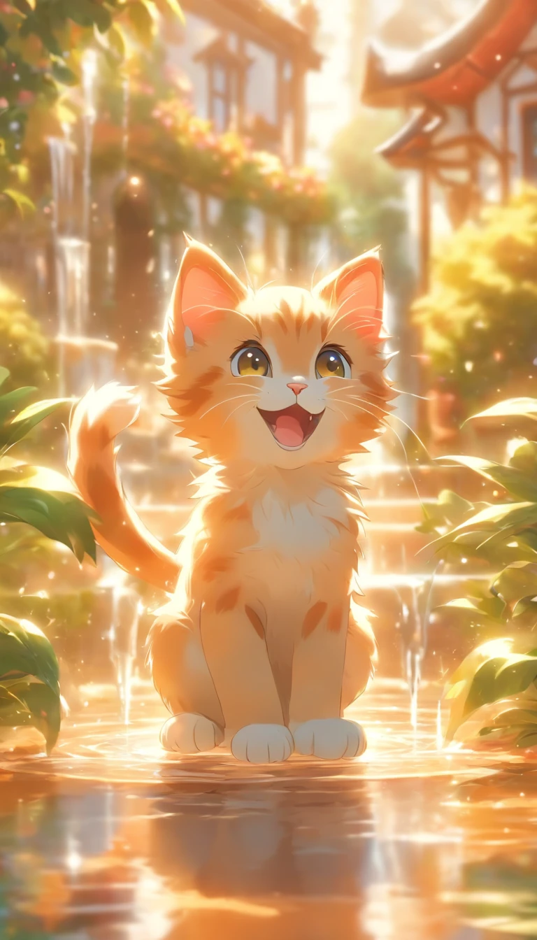 A cute kitten with round eyes playing with it, Garden fountain, , House in the distance, Mirror effect