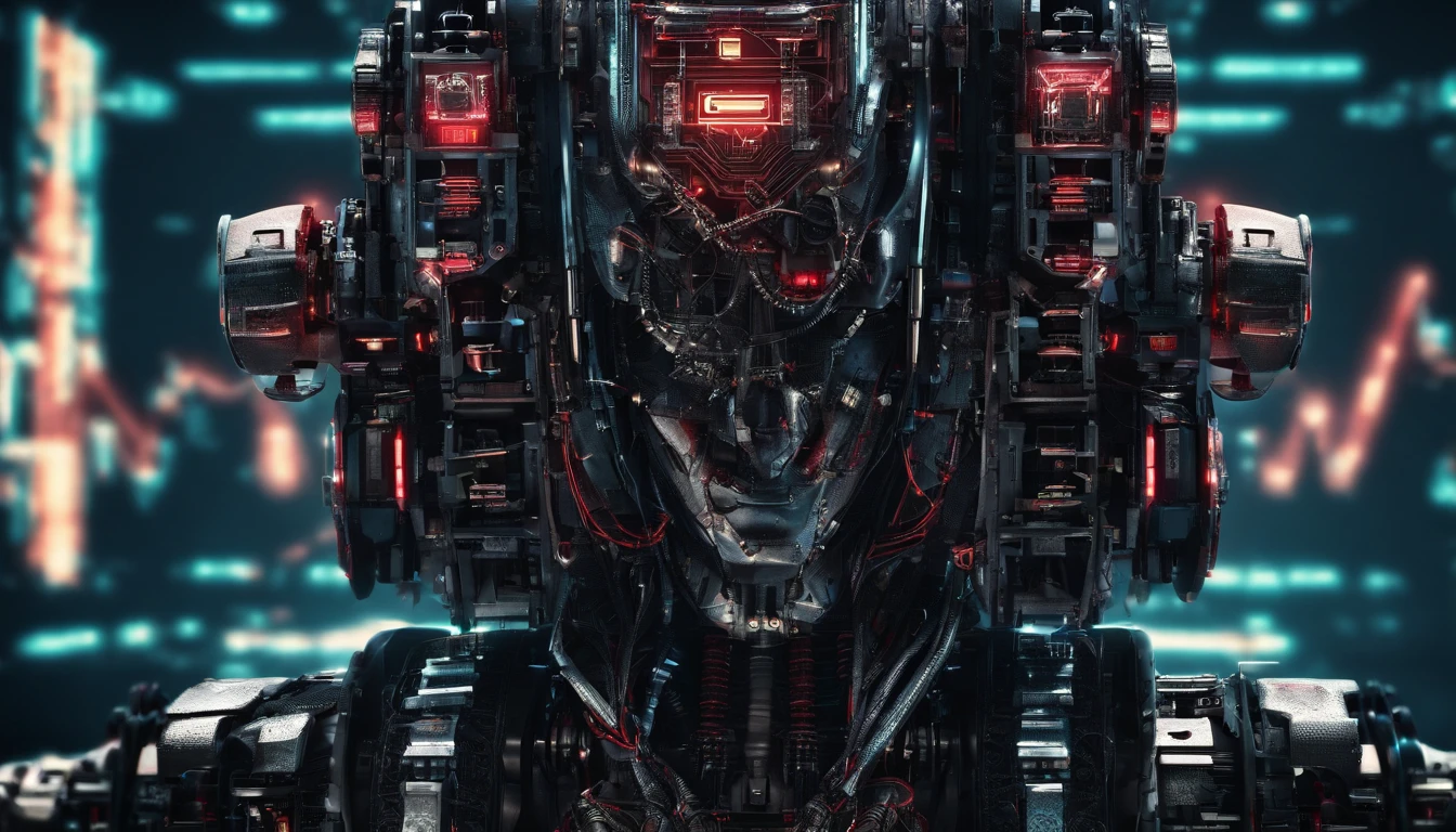 (Mechanical Warrior: 1.2), Cyberpunk, Close-up, Front view, Symmetrical left-right composition, (Red is the dominant color: 0.7),