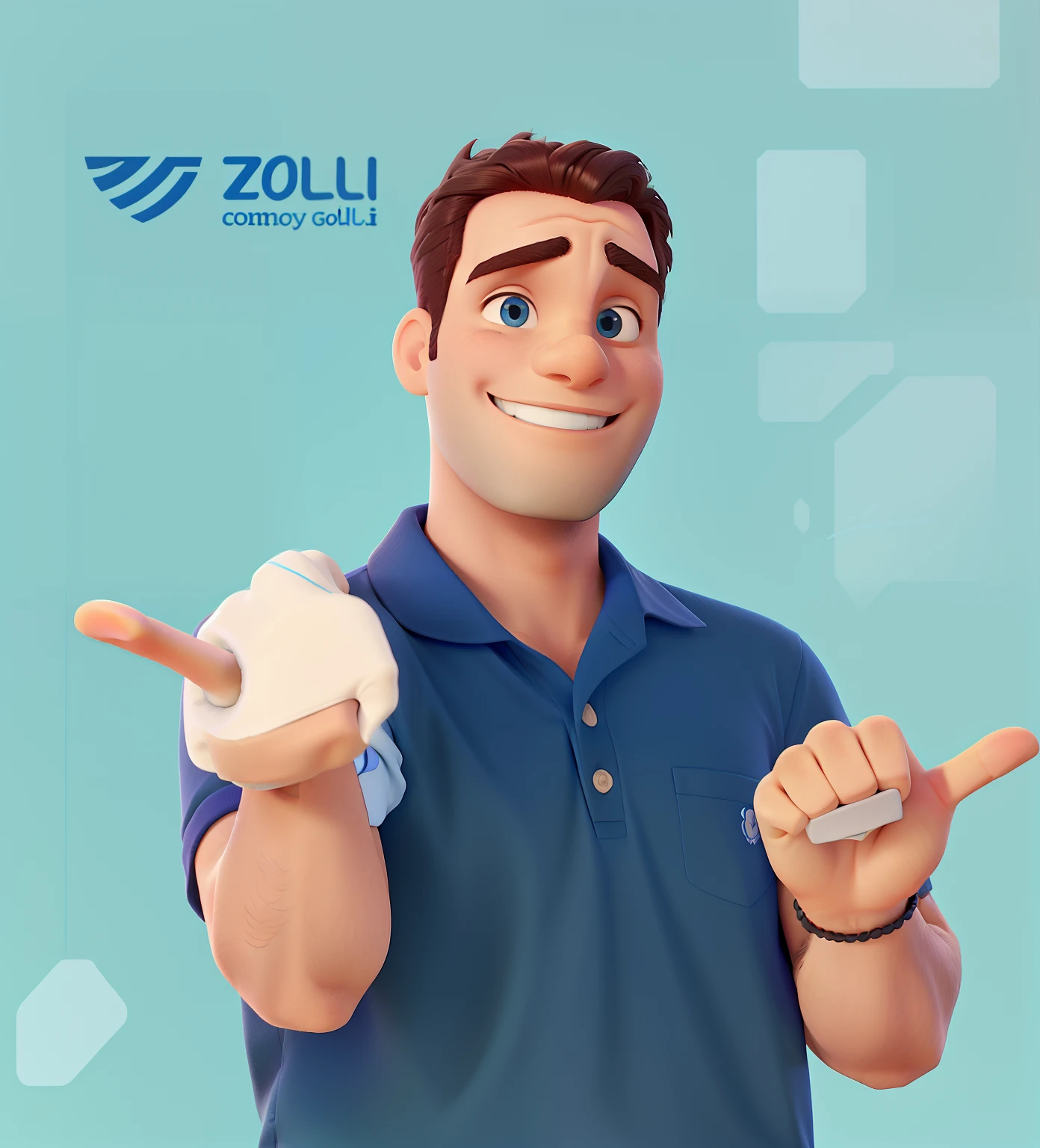 Um homem com uma camisa gola polo azul, Gesturing with his hands calling people smiling