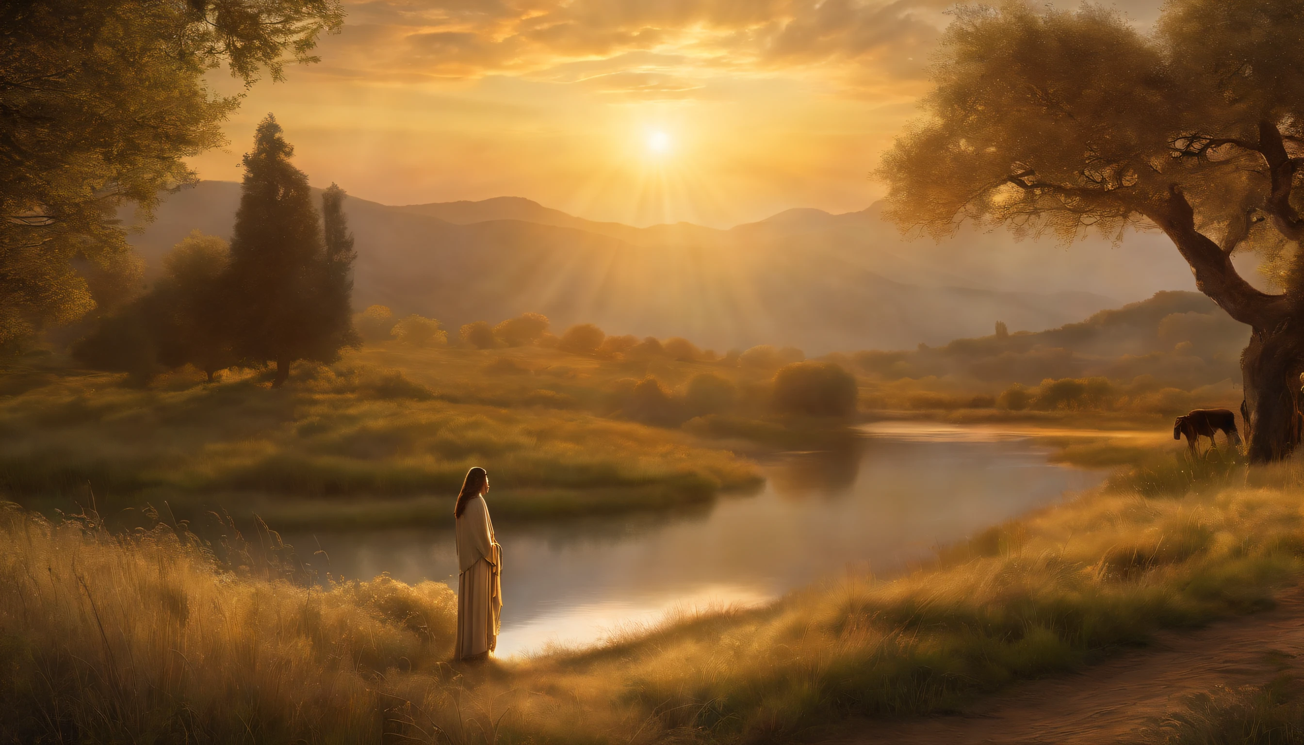 A painting of a woman standing in a field next to a river - SeaArt AI