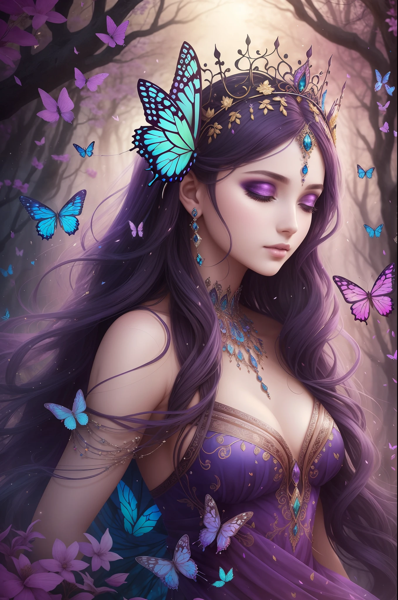 Mystical Elegance: The Enchantress of Ethereal Dreams

In a world draped in ethereal mist, a figure emerges, donned in a crown of blooming purples and vibrant blues. Her face, intricately adorned with jewels and shimmering paint, becomes a canvas telling tales of ancient magic and forgotten lore. Butterflies, enchanted by her aura, flit and dance, making her seem like the very spirit of nature's dreams. Each blink of her eyes might just be the flutter of a butterfly's wing, each whisper a rustle of leaves in the wind, masterpiece quietly, HD resolution --auto --s2
