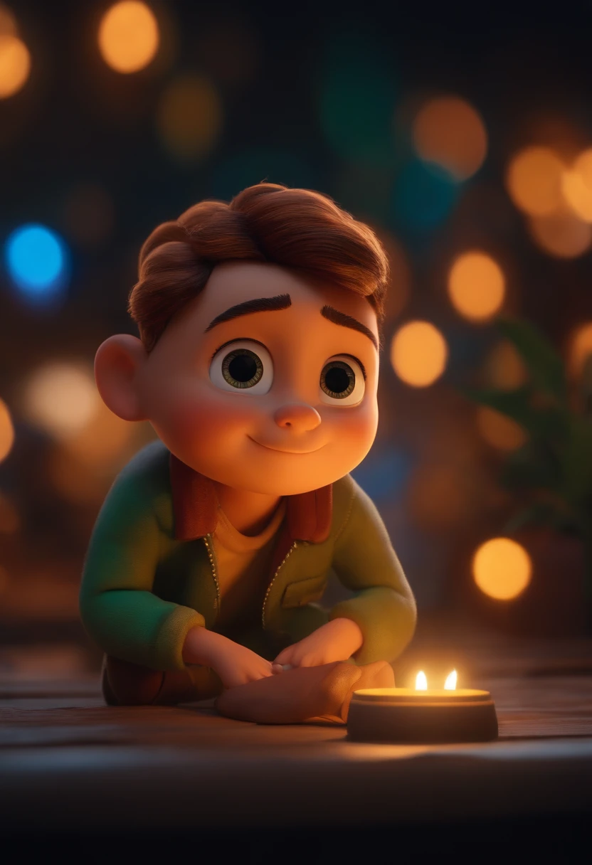 create a 3D pixar style film cover of a 7 year old boy, with short dark brown hair, with light brown eyes, name Guilherme pequeno