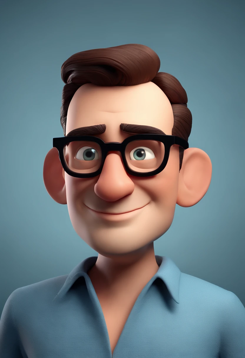 Cartoon character of a man wearing black glasses and a blue shirt, um personagem animado, Caractere estilizado, animation style rendering, 3D estilizado, Arnold Maya render, 3 d render stylized, toon render keyshot, Personagem 3D, Personagem 3D, 3d rendering stylized, 3 d character render, personagem de desenho animado, Personagem de close up, Pose de personagem, (Estilo Pixar) (master part:1.2) (Bokeh) (best quality) (pele detalhada) (textura detalhada) (8k) (argila) (Cinematic lighting) (foco nítido,Senta e vaza a parte superior do corpo