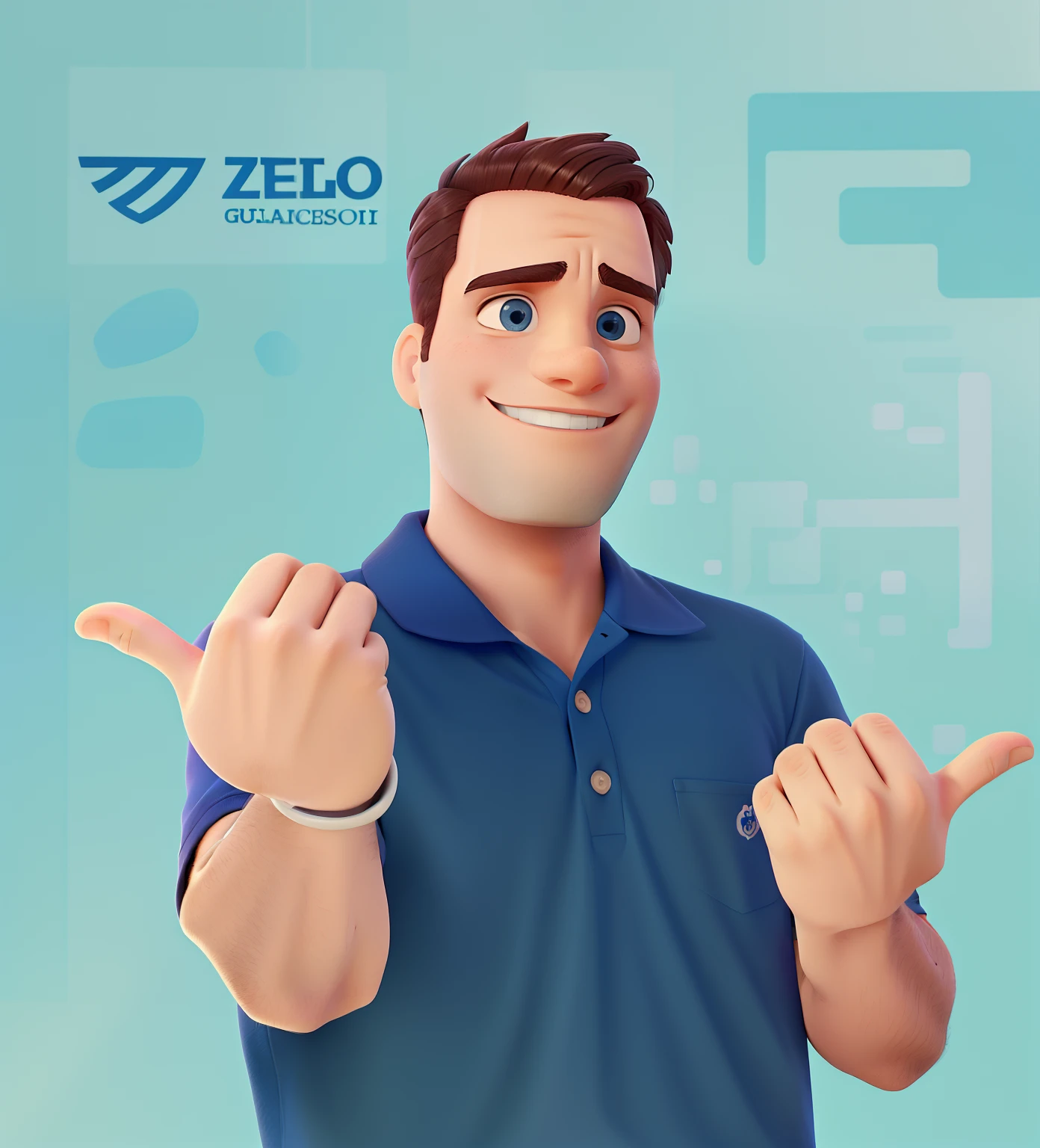 Um homem com uma camisa gola polo azul, Gesturing with his hands calling people smiling