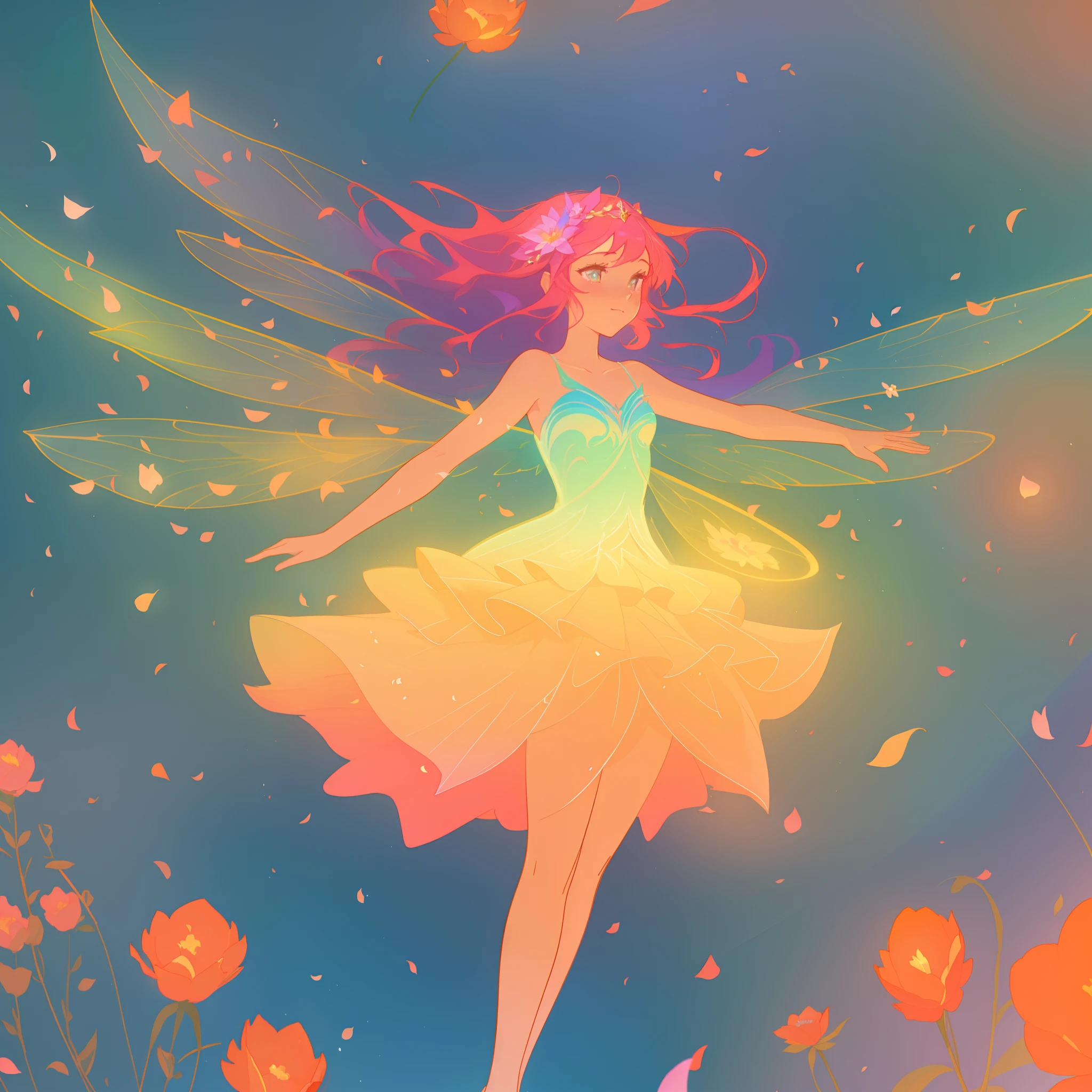 beautiful girl in tiered gradient ballgown dress, gradient warm color ballgown, ((layered flower petal skirt)), fairy dress, fairy queen, magical forest background, (glowing fairy wings), glowing flowing ballgown, long wavy hair, sparkling fairy wings, watercolor illustration, flowers and colorful plants, inspired by Glen Keane, inspired by Lois van Baarle, disney art style, by Lois van Baarle, glowing aura around her, by Glen Keane, jen bartel, glowing lights! digital painting, flowing glowing hair, glowing flowing hair, beautiful digital illustration, fantasia otherworldly landscape plants flowers, beautiful, masterpiece, best quality, anime disney style