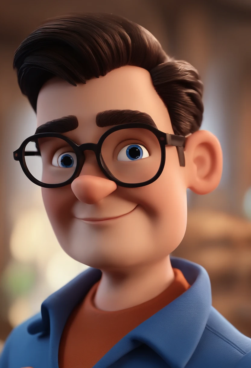 Cartoon character of a man with black glasses and a blue shirt, animation character, Caractere estilizado, animation style rendering, 3D estilizado, Arnold Maya render, 3 d render stylized, toon render keyshot, Personagem 3D, Personagem 3D, 3d rendering stylized, 3 d character render, personagem de desenho animado, Personagem de close up, Pose de personagem, (Estilo Pixar) (master part:1.2) (Bokeh) (best quality) (pele detalhada) (textura detalhada) (8k) (argila) (Cinematic lighting) (foco nítido