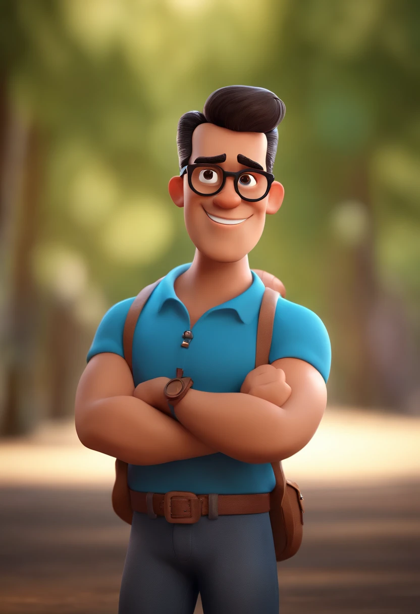 Cartoon character of a man with black glasses and a blue shirt, animation character, Caractere estilizado, animation style rendering, 3D estilizado, Arnold Maya render, 3 d render stylized, toon render keyshot, Personagem 3D, Personagem 3D, 3d rendering stylized, 3 d character render, personagem de desenho animado, Personagem de close up, Pose de personagem,  (Estilo Pixar) (master part:1.2) (Bokeh) (best quality) (pele detalhada) (textura detalhada) (8k) (argila) (Cinematic lighting) (foco nítido