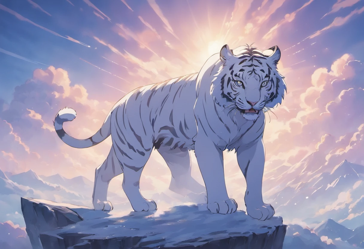 The white tiger, a mythical beast standing on a high mountain，Sea of clouds in the background