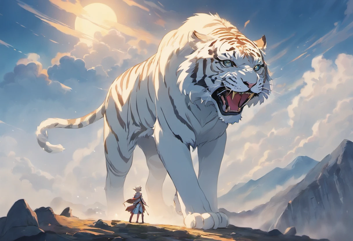The white tiger, a mythical beast standing on a high mountain，Sea of clouds in the background