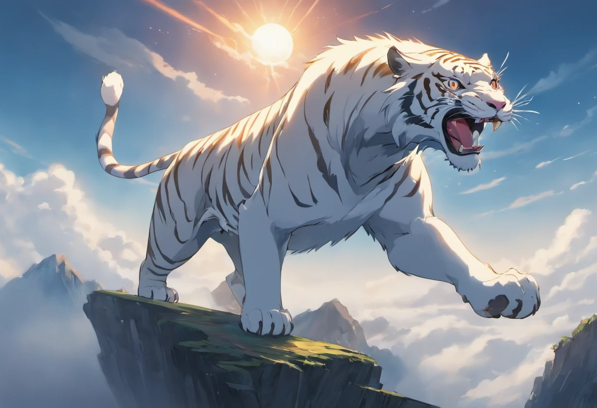The white tiger, a mythical beast standing on a high mountain,Sea of clouds in the background
