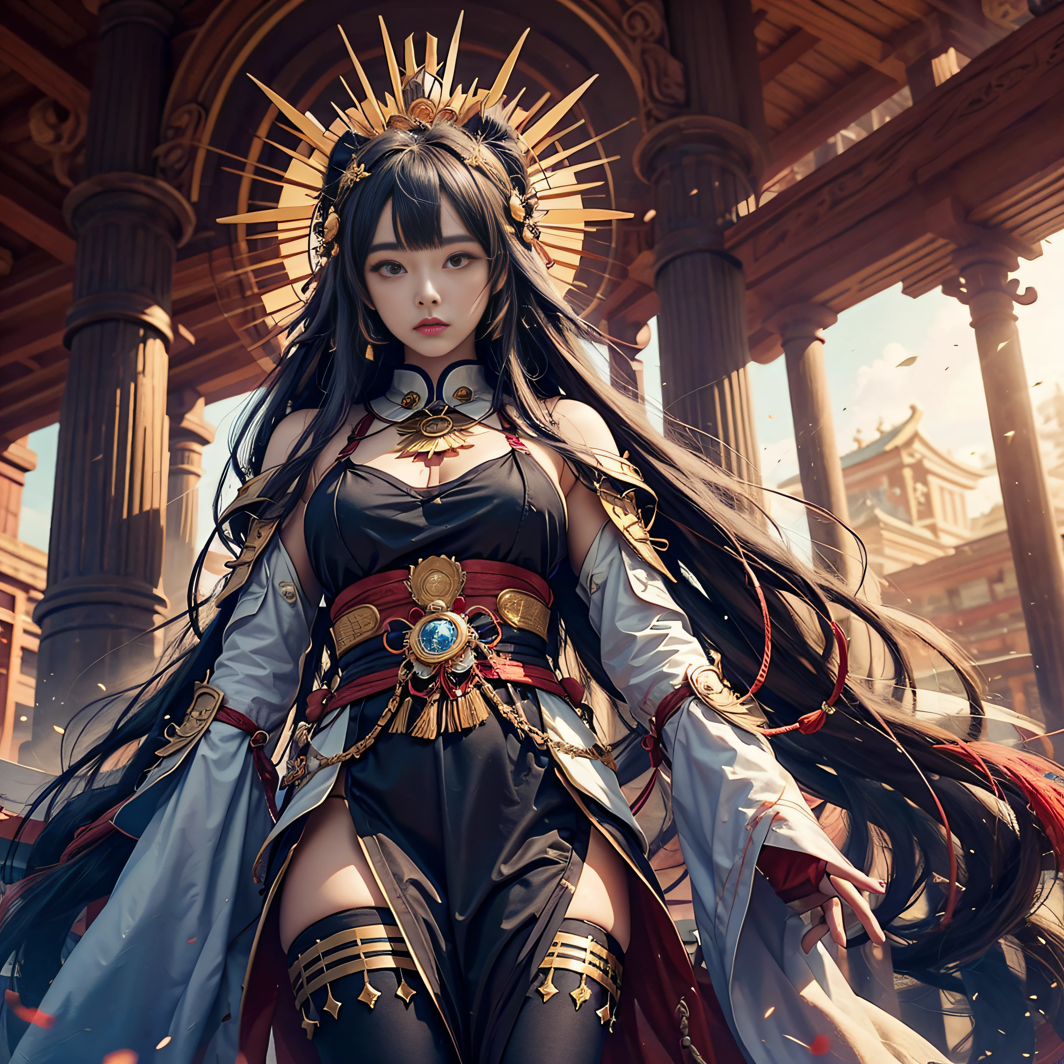 masutepiece, Best Quality,Unity 8k壁纸, ultra-detailliert, Beautiful and aesthetic, Beautiful, Official art, Amaterasu Priestess, SanDisk, Solar Flare Spell, Blessing of the Sun Goddess, ,divine intervention,Colossal tits、full body Esbian、A bell hangs on his chest　　huge udder　High exposure　Black costume　Black Impulse