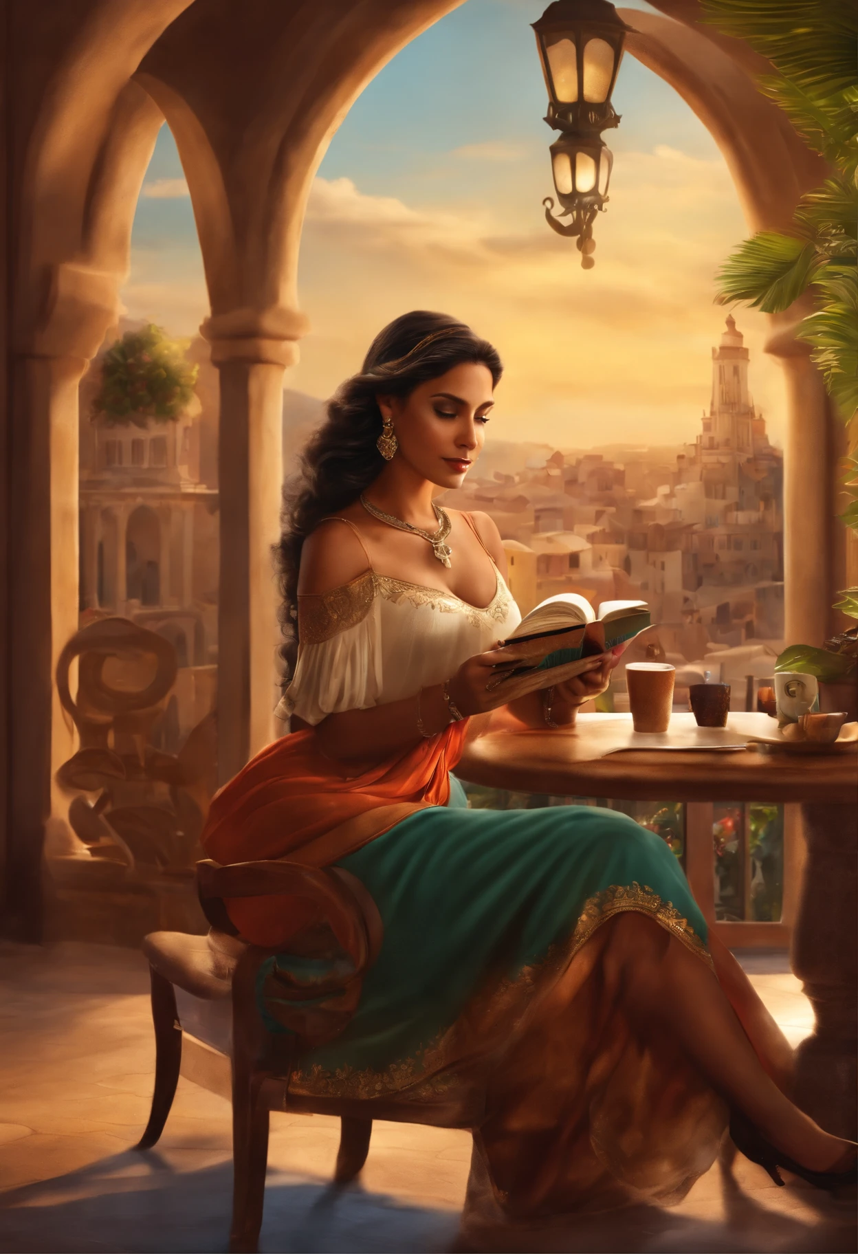 Poster 3D Inspirado na Disney/Pixar capturando uma cena de Mulher de 32 anos, olhos puxados india, cabelos lisos pretos, Sitting on a chair in the coffee shop drinking a coffee and reading book , ao ar livre entusiasmada.