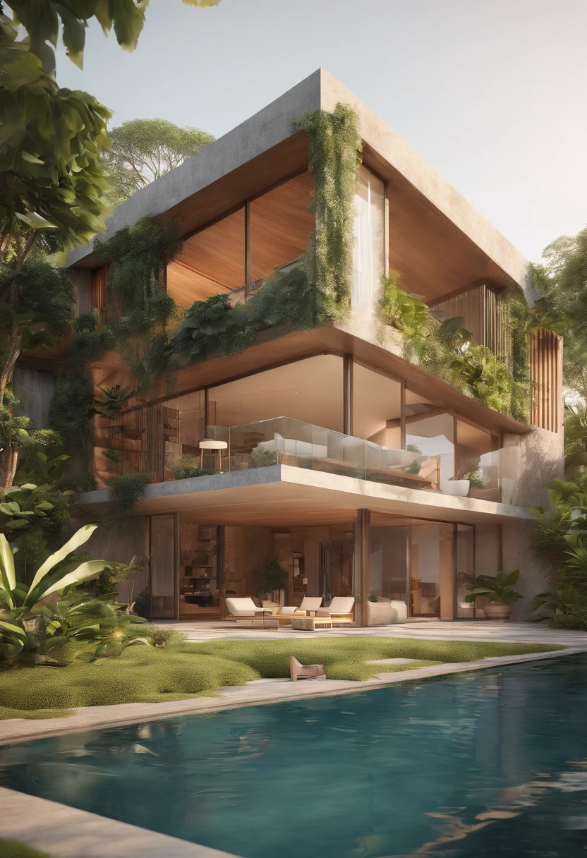 casa moderna, em formato de ovo, concreto, floresta tropical, escada pequena, piscina ciruclar, lots of vegetation,heaven