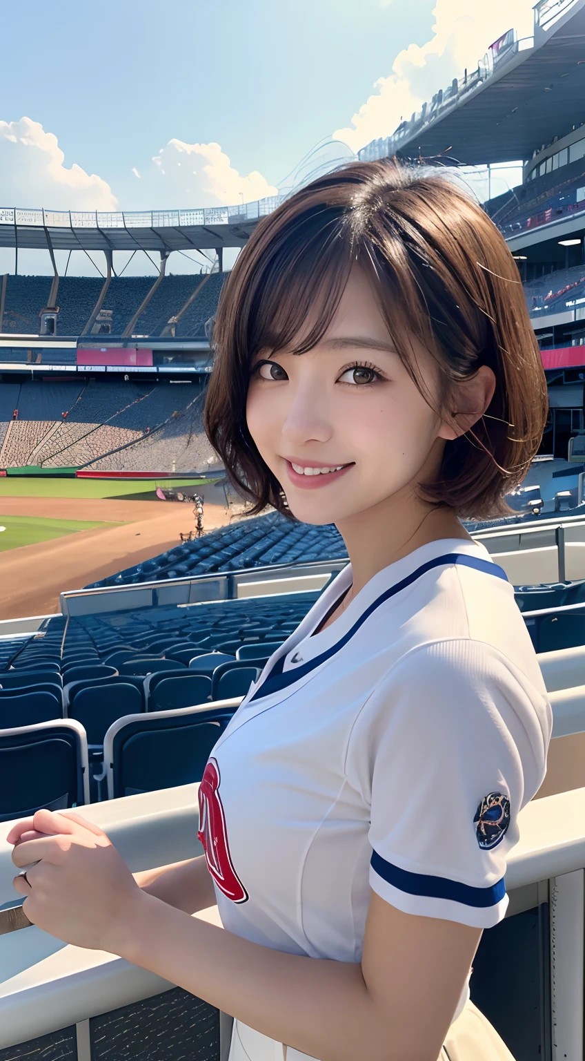 (top-quality,8K picture quality,masterpiece:1.3,),(超A high resolution:1.3,Photorealsitic:1.4,Raw photography:1.2),(ultra-detailliert:1.2,shinny skin,Detailed skin:1.1),(Detailed face,Perfect Anatomy,Caustics:1.2),(Girls cheering at the stadium:1.2),(Stand seats:1.1),(Sideways face:1.2),(Shot from the side:1.2),(Facing over there:1.2),composition from the waist up,kawaii,japanes,22year old,Japanese ido,Natural brown hair,Curl short hair outward,Pretty eyes,natural make up,huge smile,large boob,Oversized Baseball Uniform Shirt,White skirt,Professional Lighting,natural soft light,