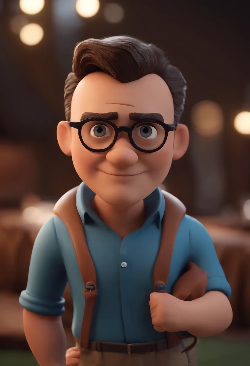 Cartoon character of a man with black glasses and a blue shirt, animation character, Caractere estilizado, animation style rendering, 3D estilizado, Arnold Maya render, 3 d render stylized, toon render keyshot, Personagem 3D, Personagem 3D, 3d rendering stylized, 3 d character render, personagem de desenho animado, Personagem de close up, Pose de personagem, (Estilo Pixar) (master part:1.2) (Bokeh) (best quality) (pele detalhada) (textura detalhada) (8k) (argila) (Cinematic lighting) (foco nítido