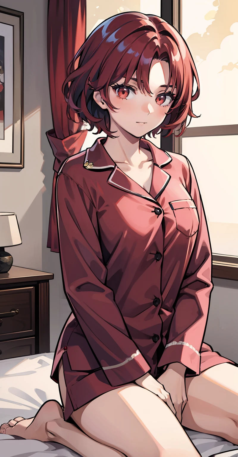 1girl, masterpiece, lady_nagant, short hair, red hair,  red eyes, Medium breasts, Pajamas, bedroom