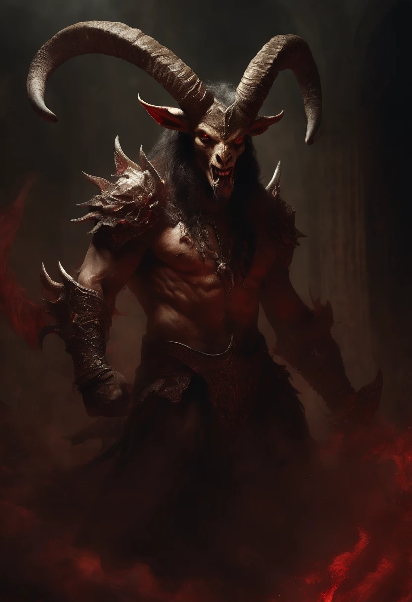 Goat-headed demon with big horns, Strong and powerful upper body, Devil skin, Skins, ((Claws, Wings)), demon armor, Splashing blood, Skulls on the ground, Stand in the Blood Sacrifice, medieval, Dark room, Dim light, Masterpiece, Realistic, Oil painting