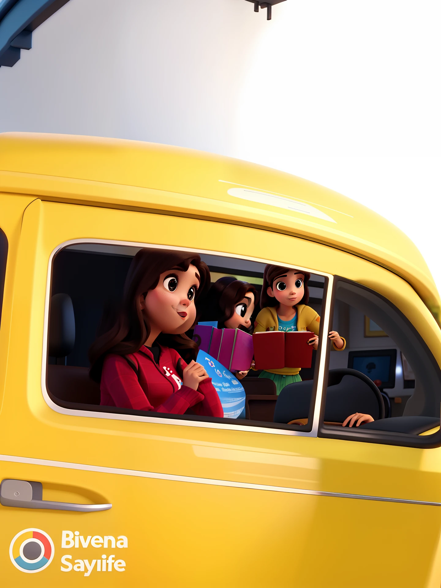 Three brunette women Disney Pixar style, alta qualidade, melhor qualidade, pano de fundo biblioteca