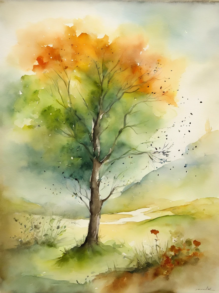 Watercolor painting depicting the song 4 seasons by composer Vivaldi: : trending on ArtStation: : Simple composition creates a sense of order and harmony. A pintura captura as qualidades espirituais do mundo natural. --uplight --ar 9:16
