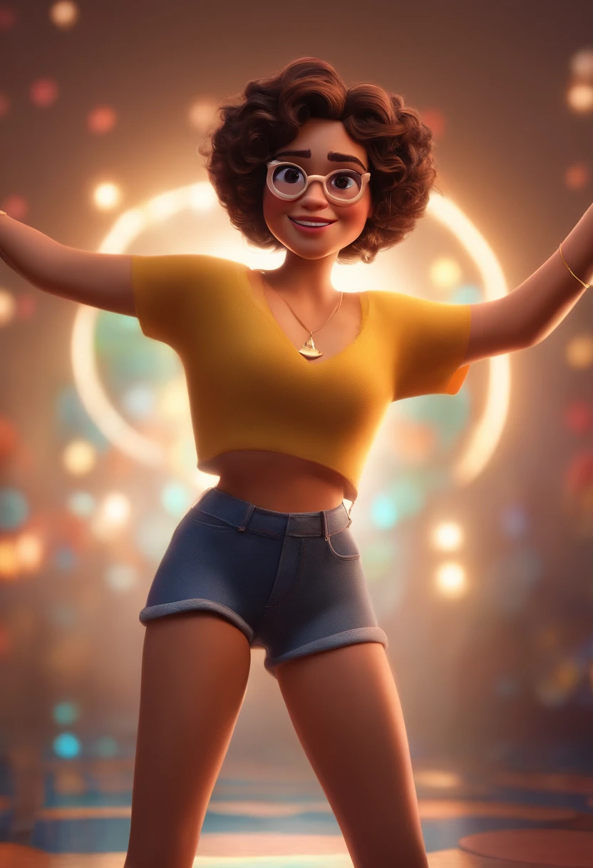 Pixar style image with 3D character white glasses brunette woman short curly hair dancing, Maquiagem Disney,Pescador, bonitinho, sorridente ,Close-up, Pixar, Disney, Cinema lighting,