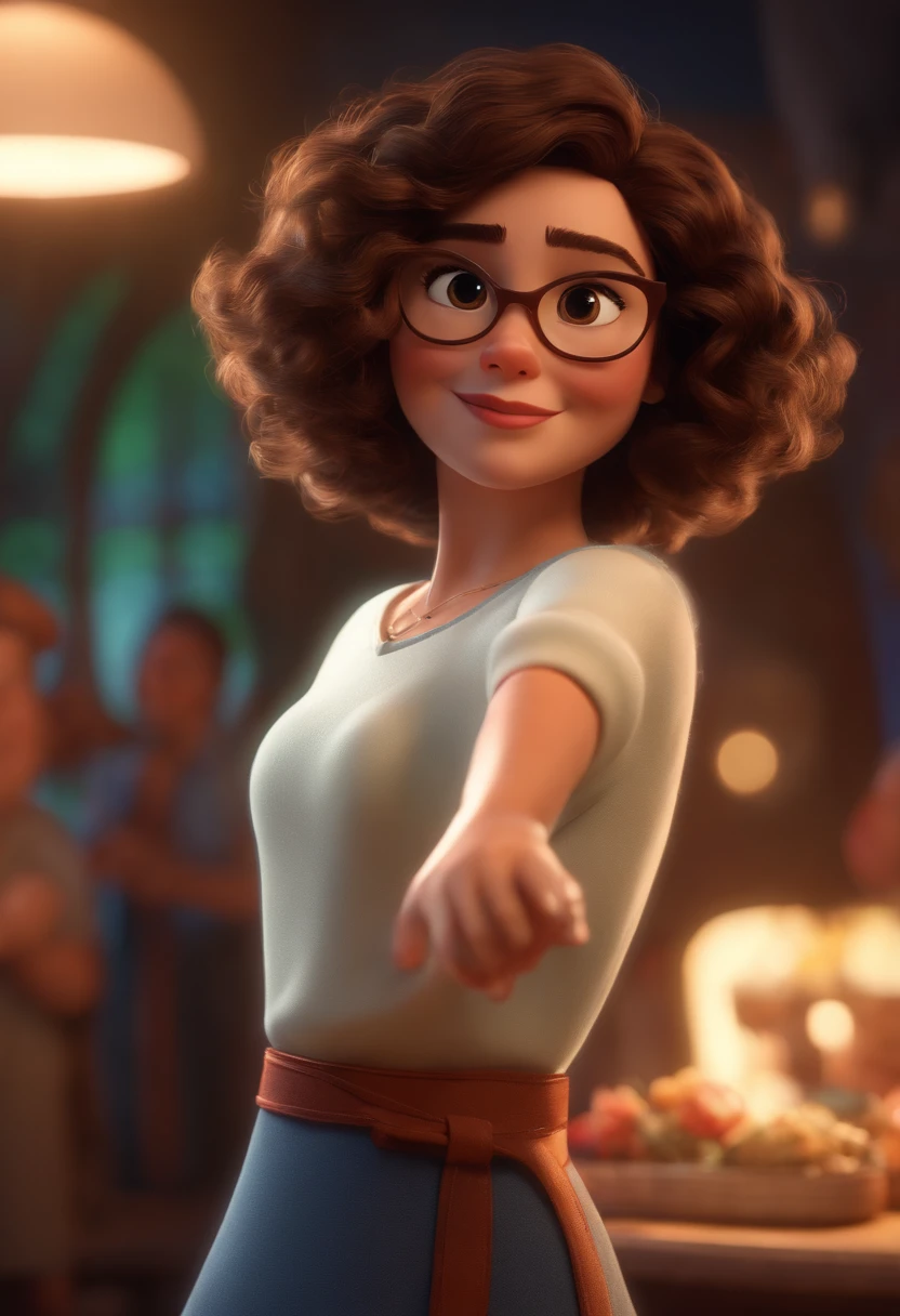 Pixar style image with 3D character white glasses brunette woman short curly hair dancing, Maquiagem Disney,Pescador, bonitinho, sorridente ,Close-up, Pixar, Disney, Cinema lighting,