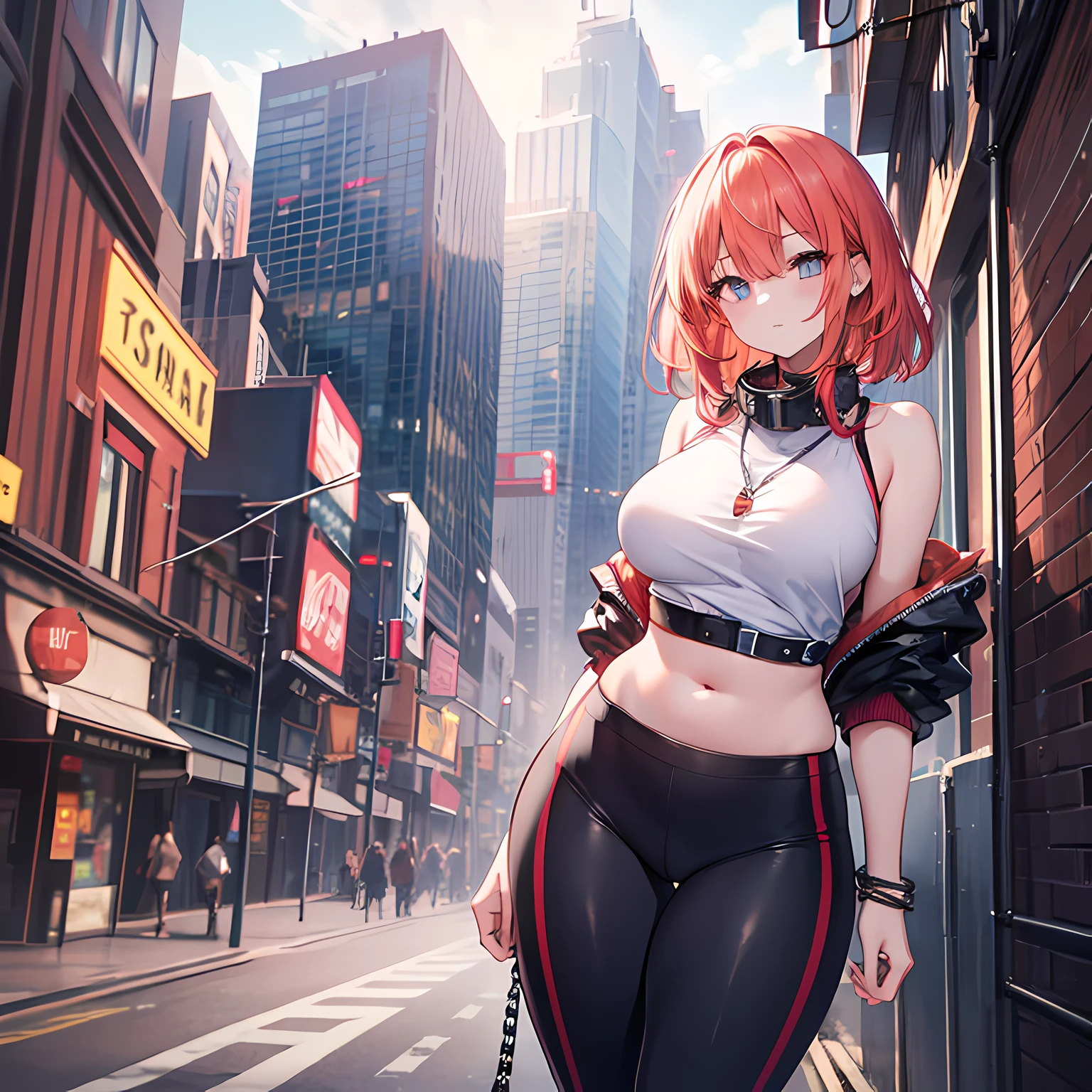 older girl, light RED hair, eyes, chain around neck, shoulders, SWEATSHIRT, LEGGING PANTS, big chest, belly, thin waist, thick legs, thick thighs, background scenery random looking at viewer