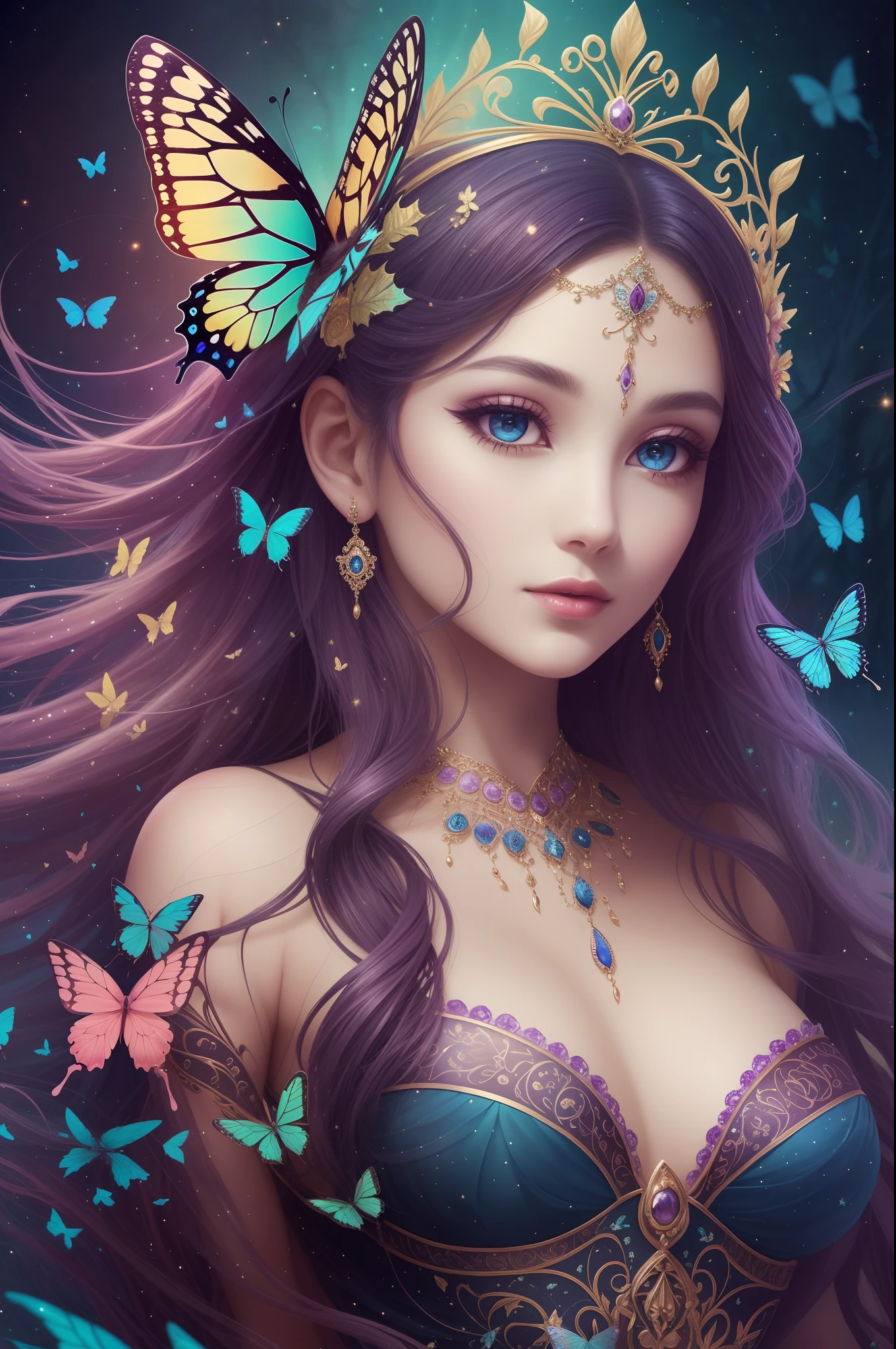 Mystical Elegance: The Enchantress of Ethereal Dreams

In a world draped in ethereal mist, a figure emerges, donned in a crown of blooming purples and vibrant blues. Her face, intricately adorned with jewels and shimmering paint, becomes a canvas telling tales of ancient magic and forgotten lore. Butterflies, enchanted by her aura, flit and dance, making her seem like the very spirit of nature's dreams. Each blink of her eyes might just be the flutter of a butterfly's wing, each whisper a rustle of leaves in the wind, masterpiece quietly, HD resolution --auto --s2