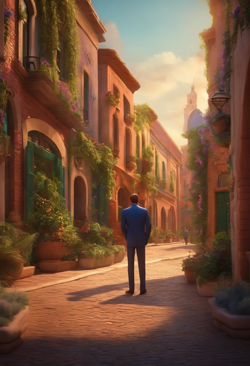 A city councilman looking at a dream project inspired by Pixar animation, de perto. The character takes center stage with captivating facial expressions, oferecendo um toque de irrealidade