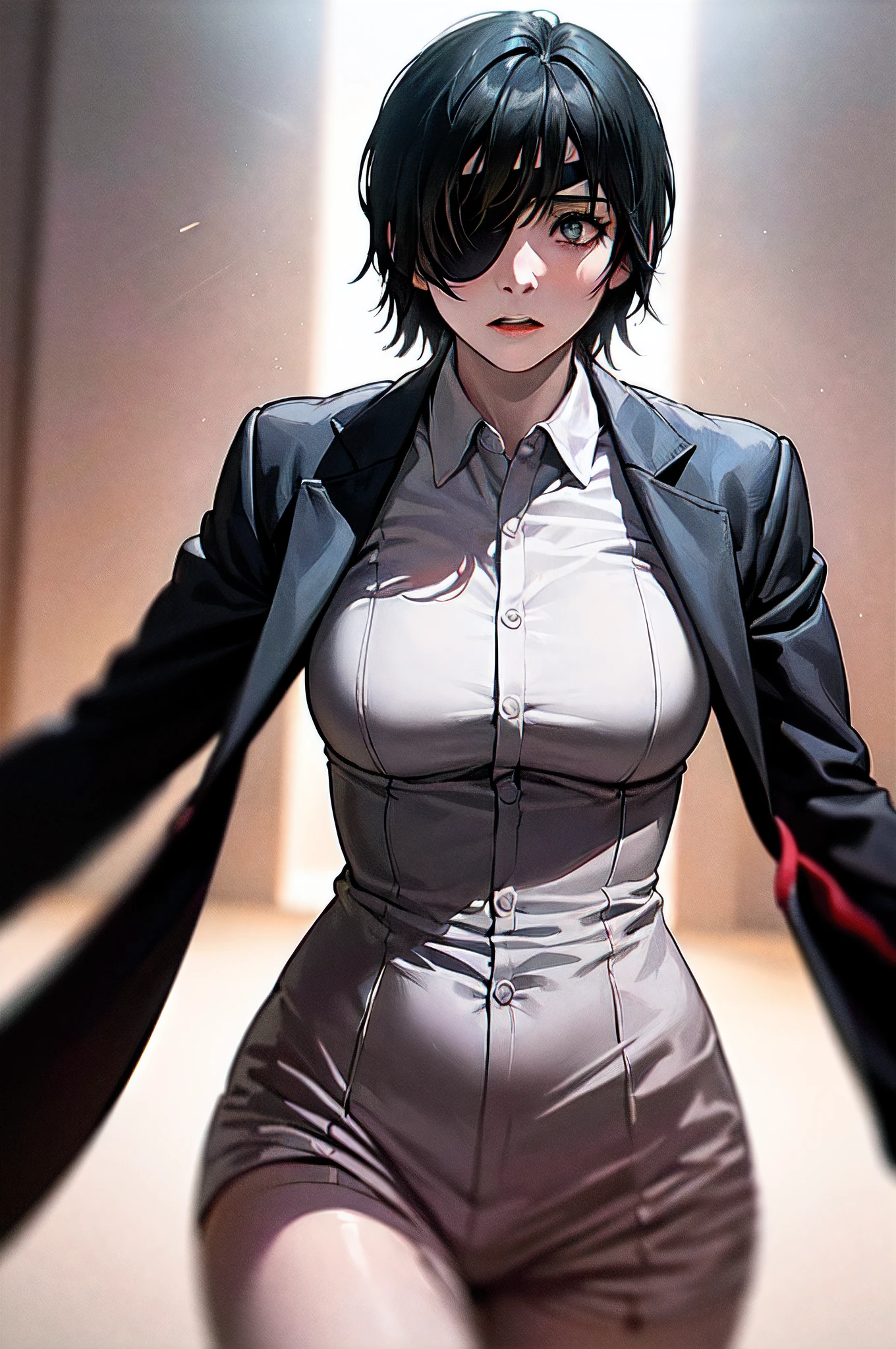 (masterpiece, high resolution, anime art:1.3), Himeno from Chainsaw Man, (decked in a sharp suit:1.2), (with an eye patch adding mystery:1.2), (stylish short black hair framing her face:1.2), (amidst a captivating battlefield:1.3), (strategic lighting highlighting her character:1.2), (expressive eyes revealing determination:1.2), (meticulously designed battle attire:1.3), (immersive battle scene composition:1.2).