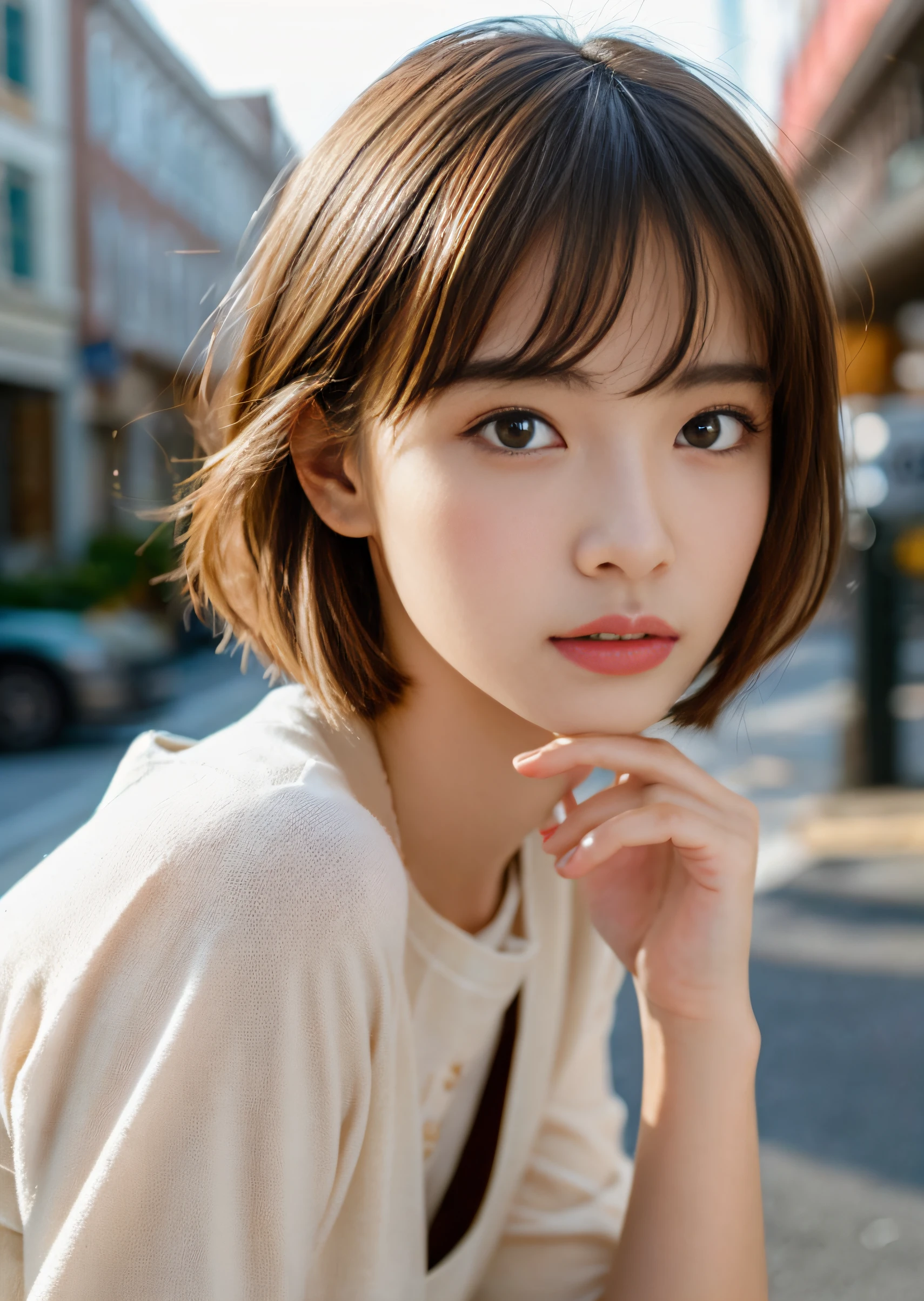 Super high quality photos、RAW photography、Beautiful detailed face and eyes、(Photorealsitic:1.4)、top-quality、A high resolution、hentail realism、16 k、Caustics、Core Shadows、Dinamic Light、Beautiful and delicate lips、delicate finger、Detailed pupils、Real human skin、(The is very detailed)、RAW photography、Sitting woman、21yo、(By bangs:1.2)、Faint lips、cow boy shot、from below、(Light brown high-contrast hair、  Half-bun hair:1.36)、Aqua Eye、
(Main Street:1.3)The calm expression and calm breathing create a calming atmosphere。。