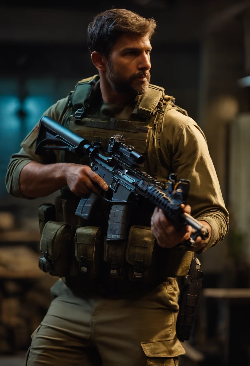 Homem estilo Pixar superehoi segurando uma arma em uma sala com equipamento de som, segurando um mp7, com fuzil, Segurando AR-15, segurando um rifle, segurando fuzil, with rifle in hands, manuseamento de corredeiras no peito, com pistola, Segurando PDW, empunhando fuzil de assalto, 1 / 4 headshot, man is carrying a rifle, head shoot