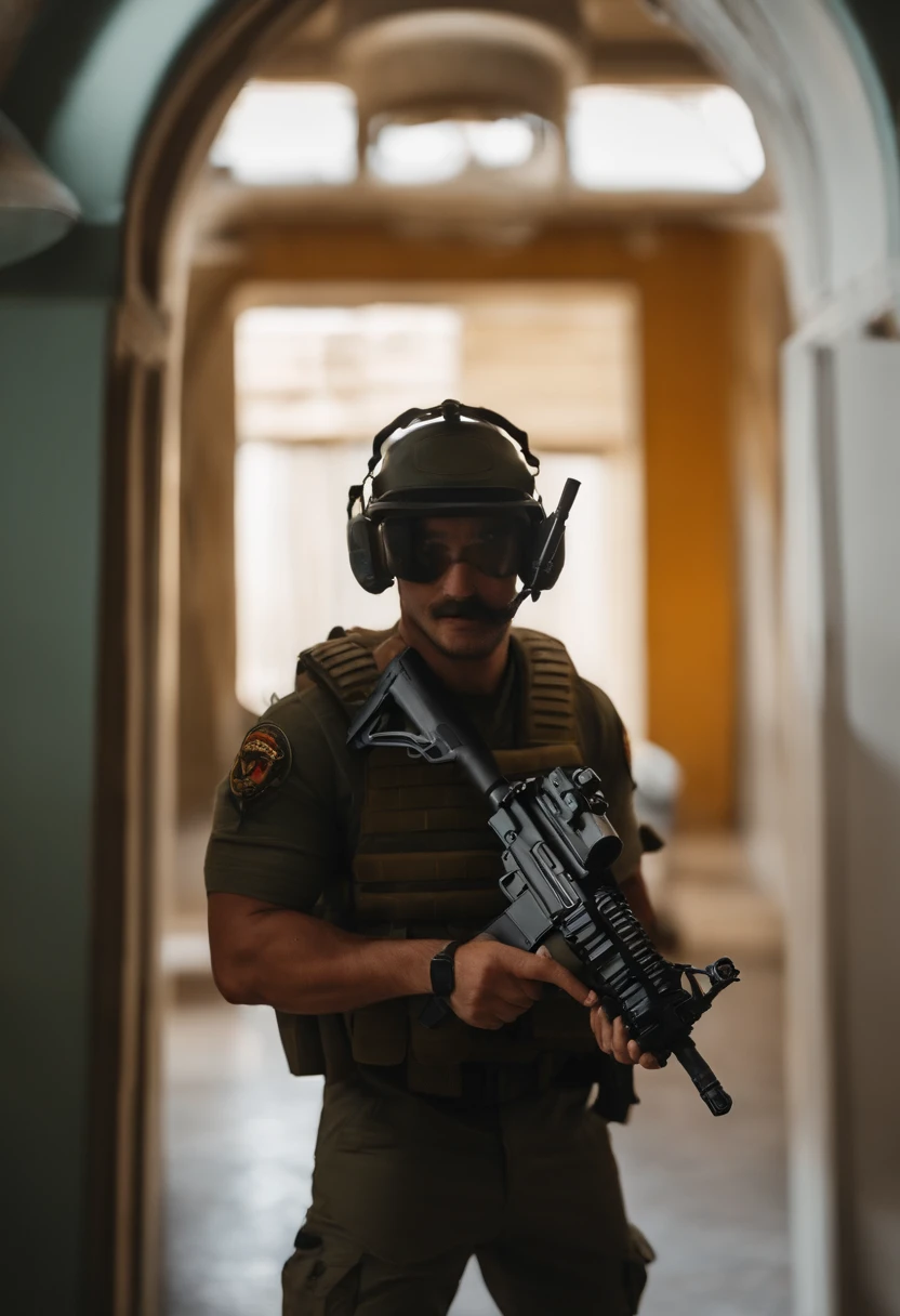 Homem estilo Pixar superehoi segurando uma arma em uma sala com equipamento de som, segurando um mp7, com fuzil, Segurando AR-15, segurando um rifle, segurando fuzil, with rifle in hands, manuseamento de corredeiras no peito, com pistola, Segurando PDW, empunhando fuzil de assalto, 1 / 4 headshot, man is carrying a rifle, head shoot