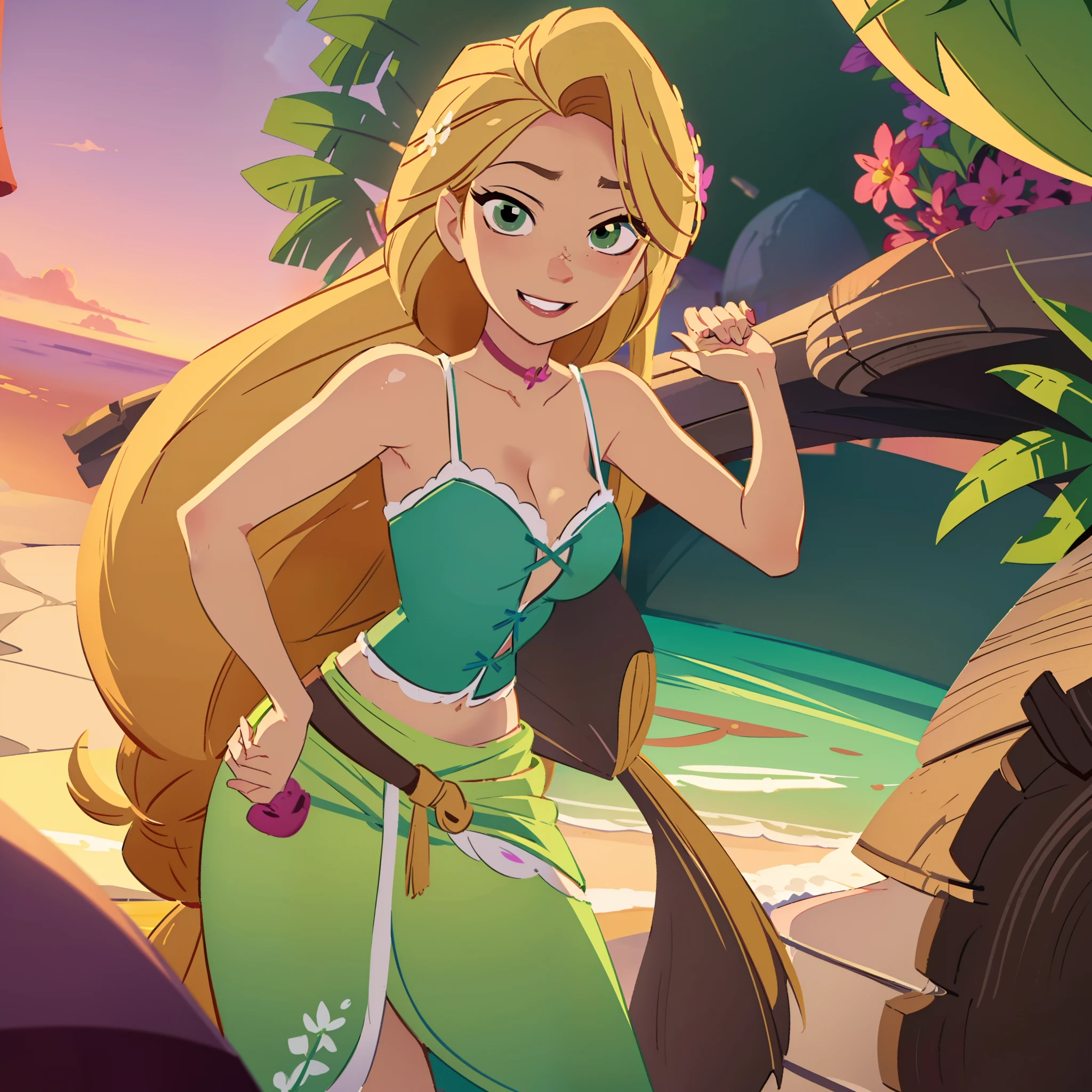 Rapunzel is looking directly in the camera, leaning in from the right, and winks playfully. sexy rapunzel, Rapunzel directly in front of the camera, (loose _hair: 1.9), blinks playfully into the camera, hourglass figure, green island outfit, outdoors, beach, sunset