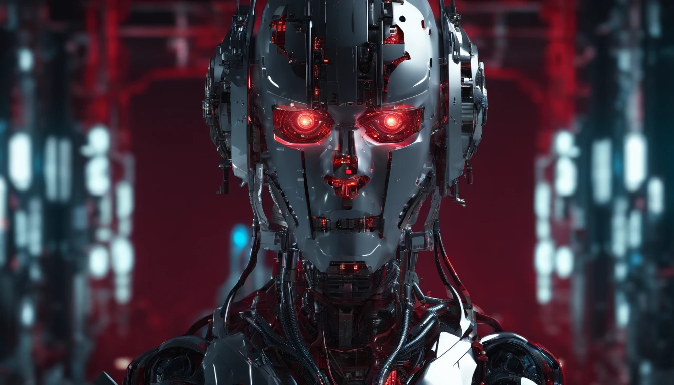 Mechanical Warrior, Cyberpunk, close-up, symmetrical left and right composition, with red as the main color tone,