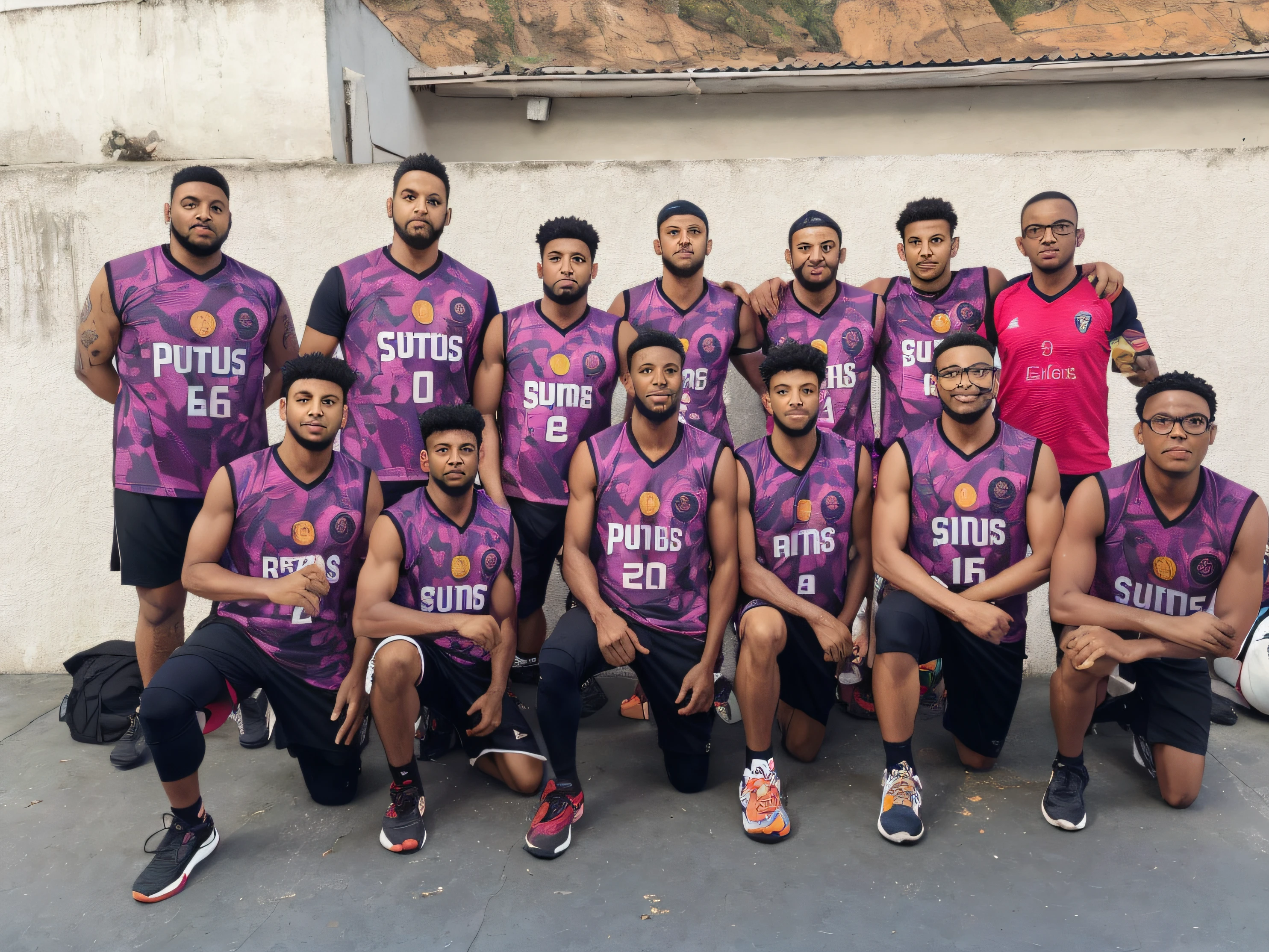 Equipe de basquete Arafed posando para uma foto em frente a uma parede, tigres cor-de-rosa, retro 9 0 s, album photo, sao paulo, competition winning, Directed by: Nandor Soldier, Equipe completa, São Paulo, wearing a volleyball jersey, suns, imagem de perfil, bispo do rosario, Directed by: Matteo Pérez, Tiro central, david rios ferreira