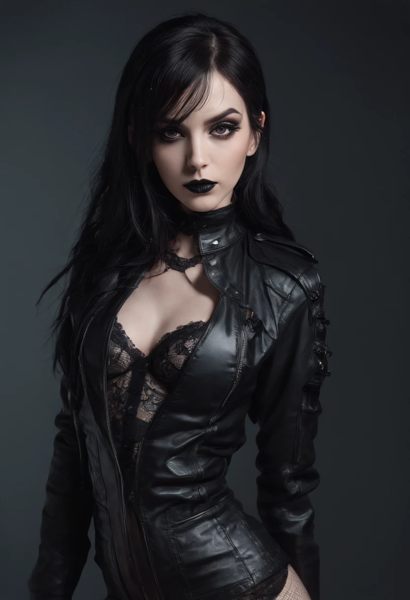 Half body shot of a goth woman in lingerie with leather jacket and fishnet stockings in a dark studio, black make-up, sensual pose, perfect body, ultra detailed, photorealistic, masterpiece.