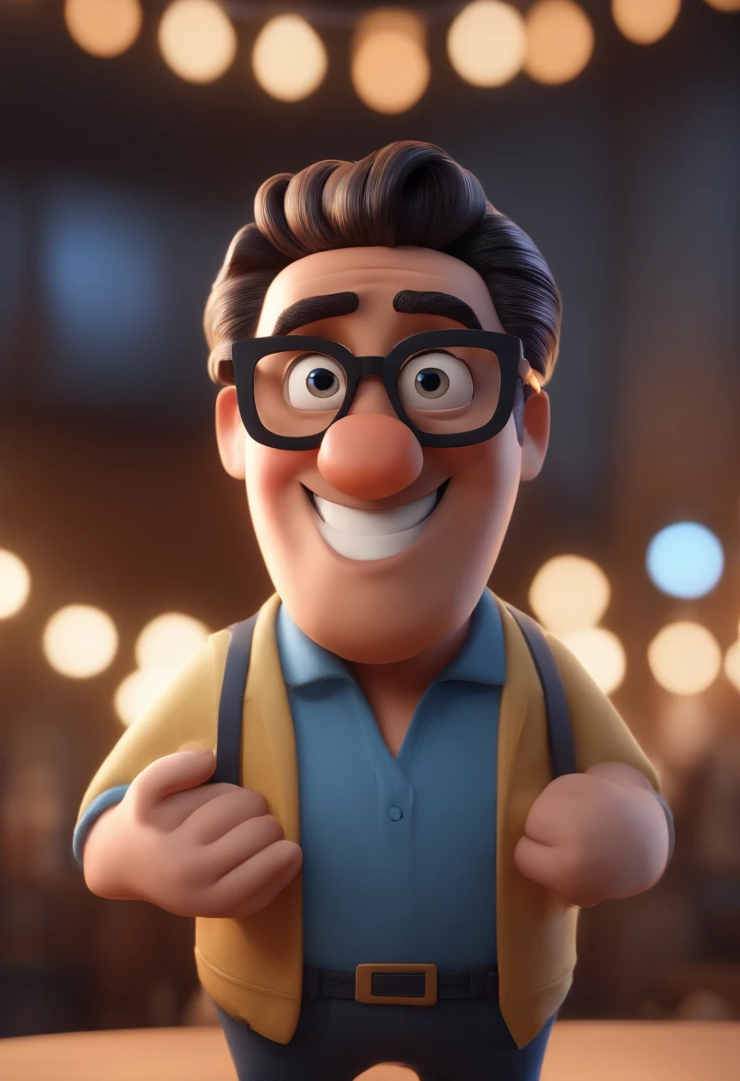 Cartoon character of a man with black glasses and a blue shirt, animation character, Caractere estilizado, animation style rendering, 3D estilizado, Arnold Maya render, 3 d render stylized, toon render keyshot, Personagem 3D, Personagem 3D, 3d rendering stylized, 3 d character render, personagem de desenho animado, Personagem de close up, Pose de personagem,  (Estilo Pixar) (master part:1.2) (Bokeh) (best quality) (pele detalhada) (textura detalhada) (8k) (argila) (Cinematic lighting) (foco nítido