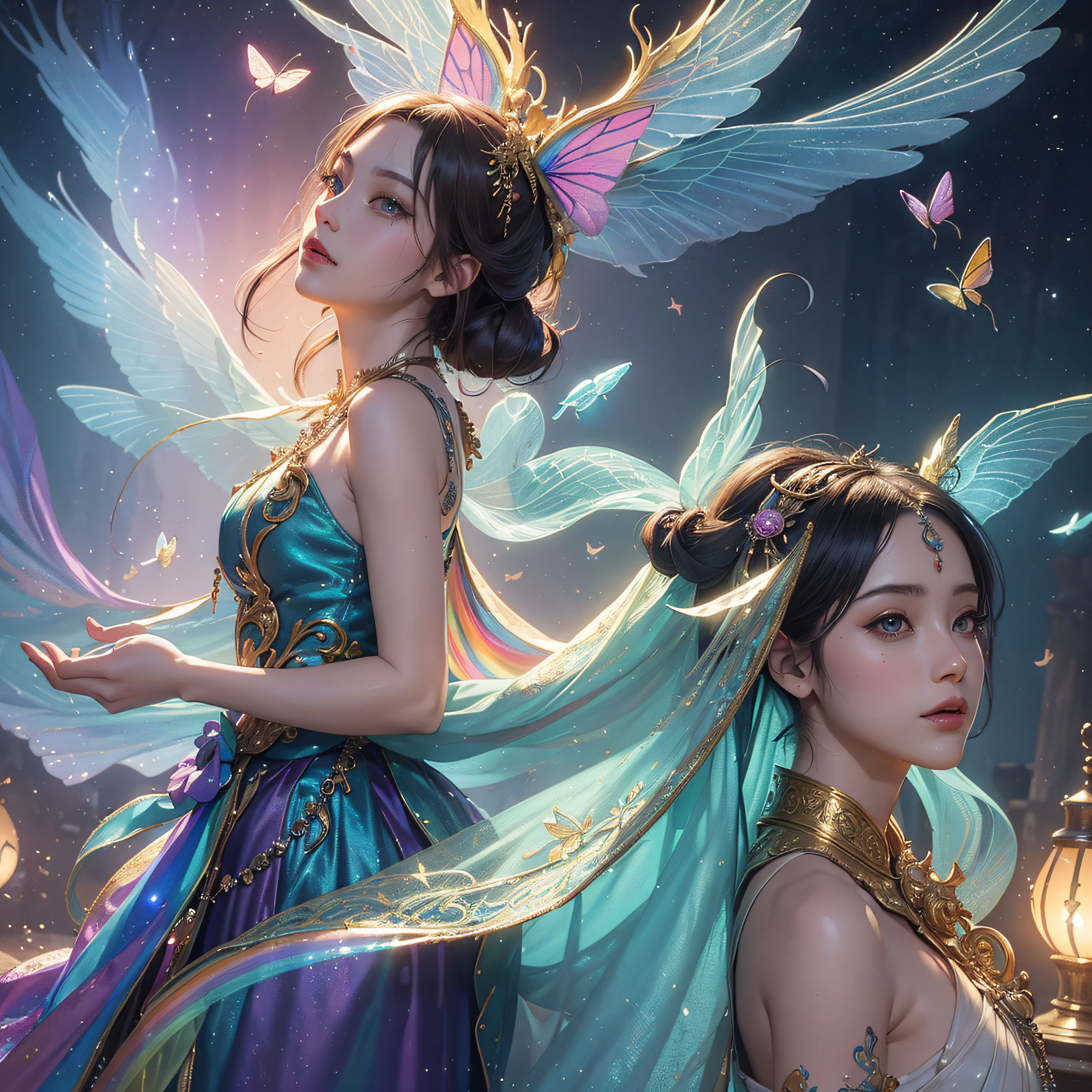 (((masutepiece))), (((opulent))), (((Best Quality))), ((Ultra-detailed)), (High Definition CG Illustration), ((extremely delicate and beautiful)), Cinematic Light. Create stunning fantasy artwork,Imitate the styles of currently popular genre masters. Artwork includes、It should contain rich and ornate elements of mythological fantasy and fairytale fantasy,Eta、With colorful rainbow accents and deep gemstone tones. ((Use a rainbow as the main color scheme.)) The characters in the work are delicate, but they are petite and strong,It exudes an aura of mystery and magic. Pay close attention to complex facial features, For example, Seductive eyes with bright colors and bold shadows. Character clothing should be designed with gossamer feathers, Silk, Amazing embroidery, and subtle iridescent details. MERGE (((Translucent rainbow))), dreamy colors, Dynamic lighting, and detailed background elements,Create awe and immersion. ((These include、Colorful flying magic birds and、Includes jewel-colored iridescent butterflies that exude a magical halo.)) Thinking about the latest trends in fantasy art, Incorporate unique lighting effects, etc., Explore dynamic and compelling compositional techniques, Eta、Experiment with a unique color palette. Get inspired by top artists from Art Station and Mid-Journey. camera: Emphasize the beauty of the character、Choose an angle that enhances the magical majesty of your artwork. Lighting: Creating Depth and Atmosphere with Atmospheric Lighting Technology. resolution: Aim for high-resolution artwork,Showcase intricate details and clarity. Artistic inspiration: Get inspired by popular artists at the art station, Explore different styles, genre, and themes.