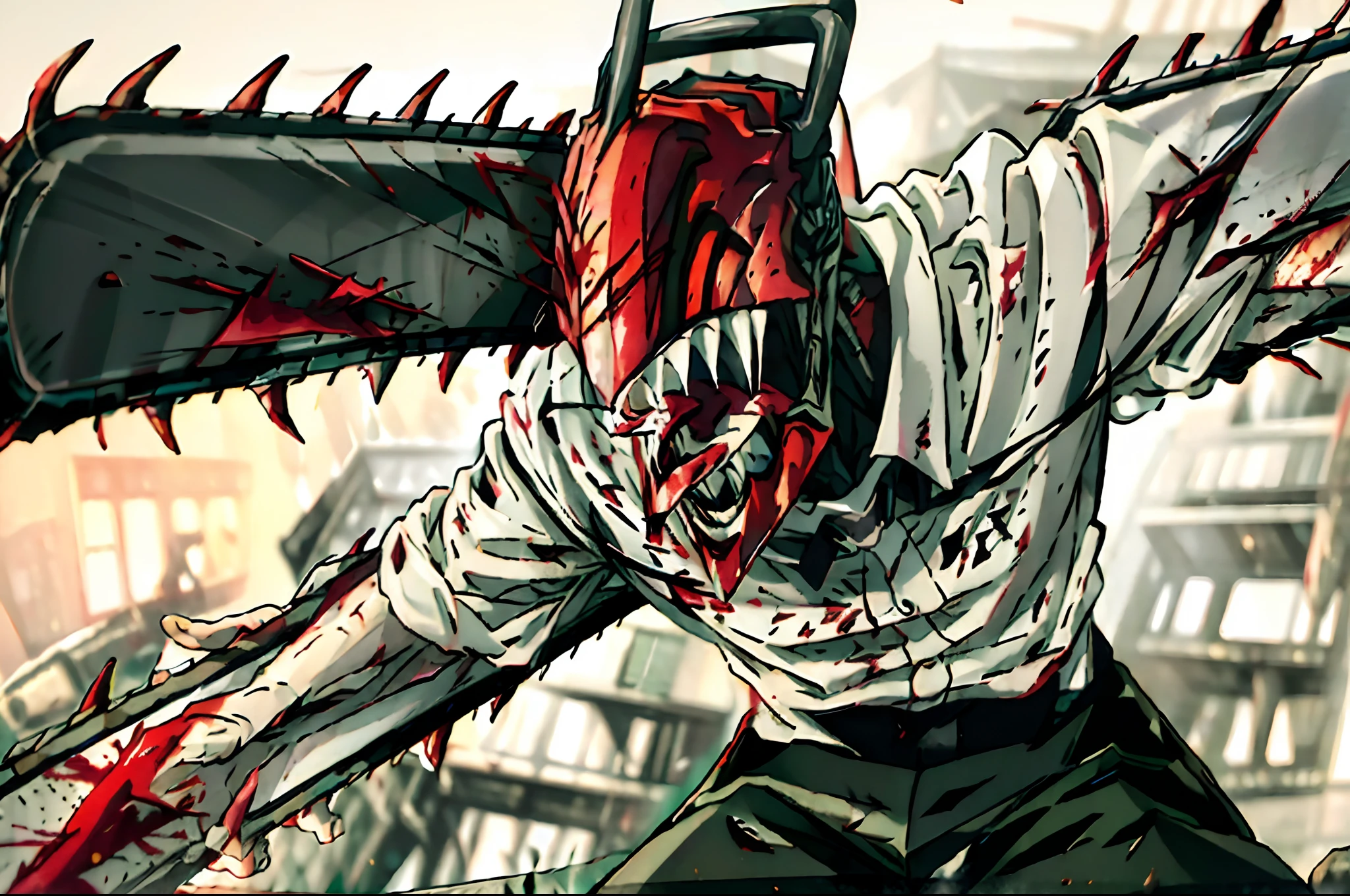 tmasterpiece, beste-Qualit, hight resolution, Monster Boy, DJB, sharp teeth, chainsaw, blood on the clothes, Blood on Weapon, shirt with collar, black pant, tongue sticking out,Rage