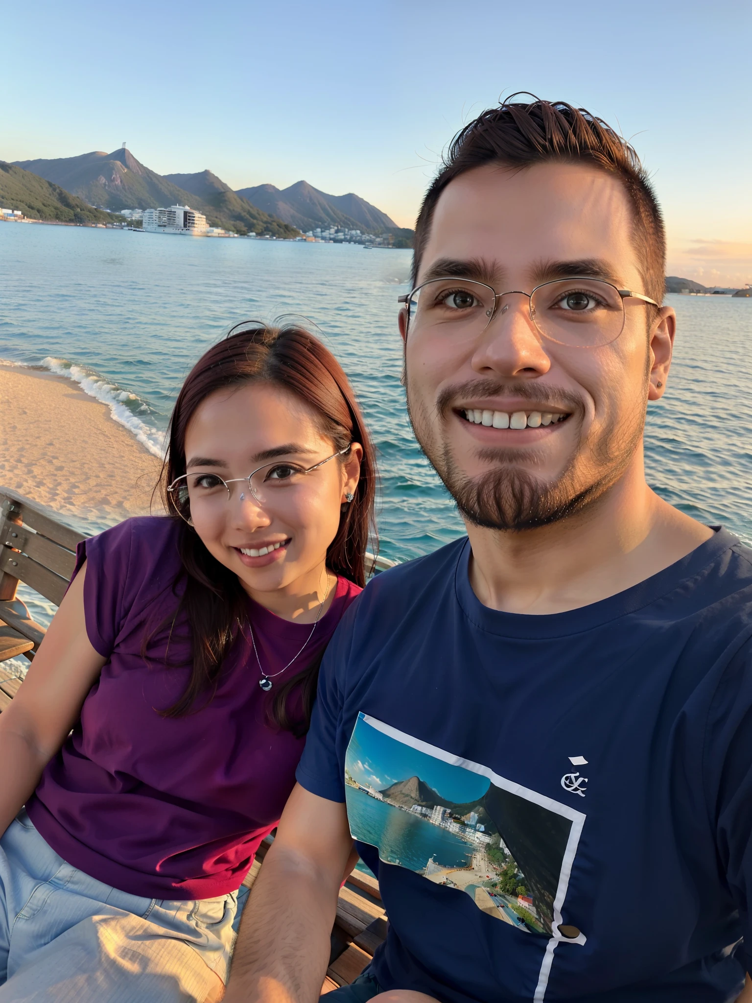 There's a man and a woman sitting on a bench at the water's edge, em um barco, vacation photo, em um barco em um lago, O oceano ao fundo, oceano ao fundo, imagem de qualidade muito baixa, rio ao fundo, Fotografia selfie 8k, em uma ponte, with sunset, Lago ao fundo, Tyler Edlin e Natasha Tan