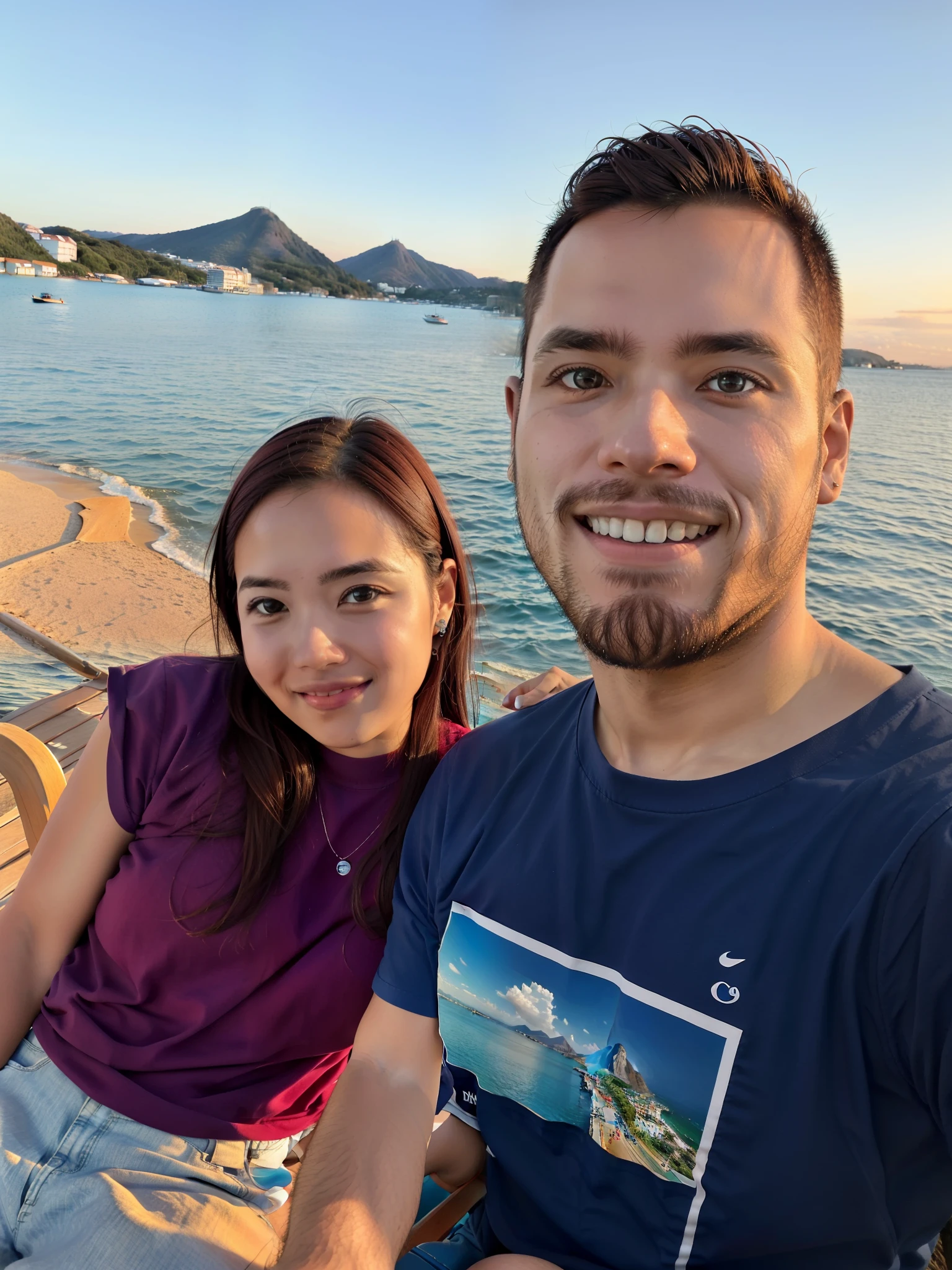 There's a man and a woman sitting on a bench at the water's edge, em um barco, vacation photo, em um barco em um lago, O oceano ao fundo, oceano ao fundo, imagem de qualidade muito baixa, rio ao fundo, Fotografia selfie 8k, em uma ponte, with sunset, Lago ao fundo, Tyler Edlin e Natasha Tan
