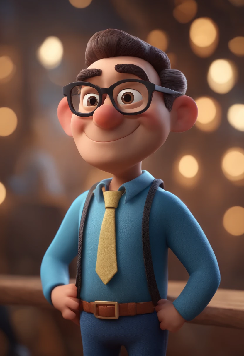 Cartoon character of a man with black glasses and a blue shirt, animation character, Caractere estilizado, animation style rendering, 3D estilizado, Arnold Maya render, 3 d render stylized, toon render keyshot, Personagem 3D, Personagem 3D, 3d rendering stylized, 3 d character render, personagem de desenho animado, Personagem de close up, Pose de personagem,  (Estilo Pixar) (master part:1.2) (Bokeh) (best quality) (pele detalhada) (textura detalhada) (8k) (argila) (Cinematic lighting) (foco nítido