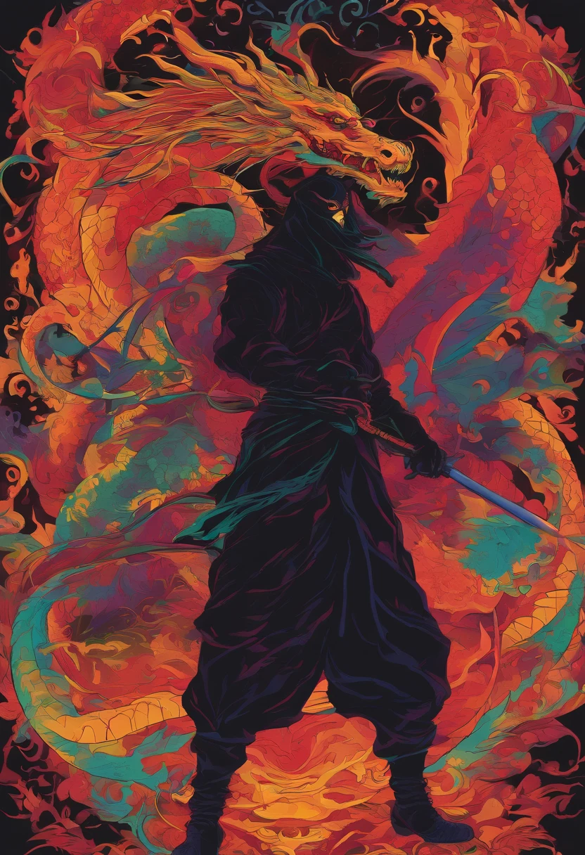 Imagine a scene with a ninja dressed in all-black attire, holding a gleaming sword in hand. The ninja is shrouded in darkness, with only the contours of their outfit visible. As a backdrop, the setting is dimly lit, creating an aura of mystery. In the shadows behind the ninja, there's a dragon-like spirit, serving as their protective guardian. The spirit of the dragon is ethereal and seems to emerge from the darkness, with its body partially transparent, symbolizing the mystical connection between the ninja and their otherworldly protector.