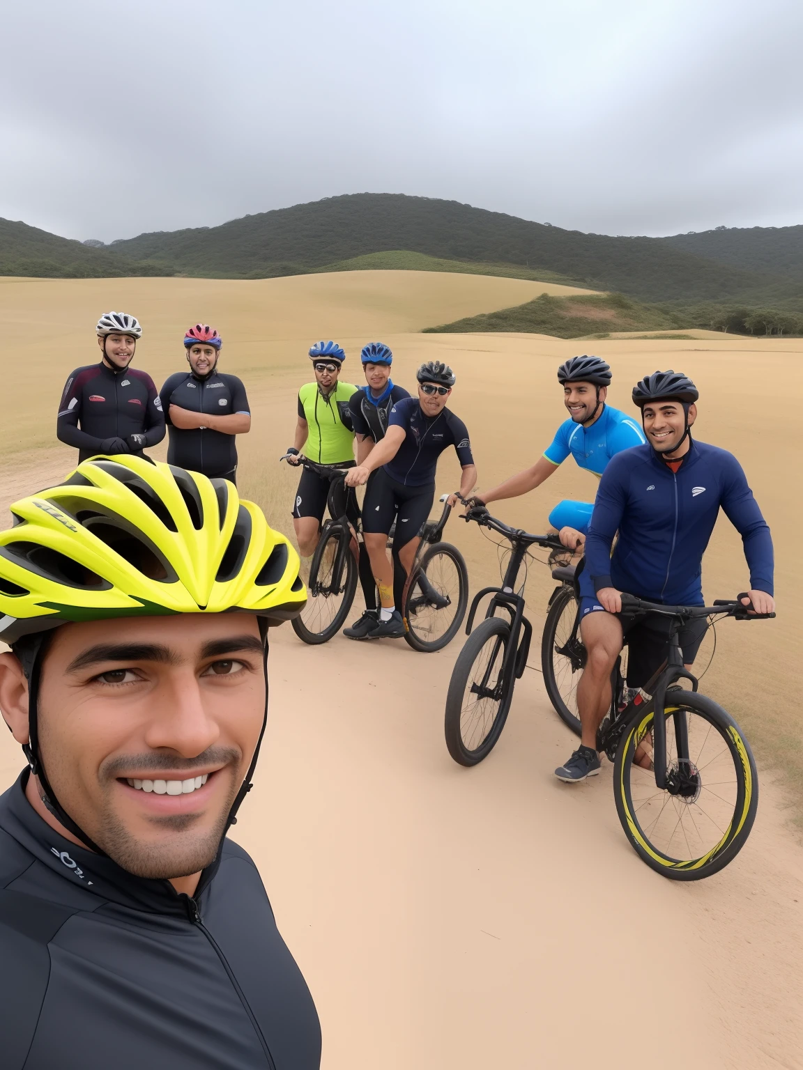 Several people on bicycles are posing for a photo in a field, album photo, Viagem de bicicleta Hoffman, touring, por Romain brook, tirado no iphone 14 pro, ciclismo!!, tirado no iphone 1 3 pro, round about to start, divertindo-se, Directed by: Felipe Seade, todo mundo se divertindo, david rios ferreira, Motivacional, Forrest em segundo plano