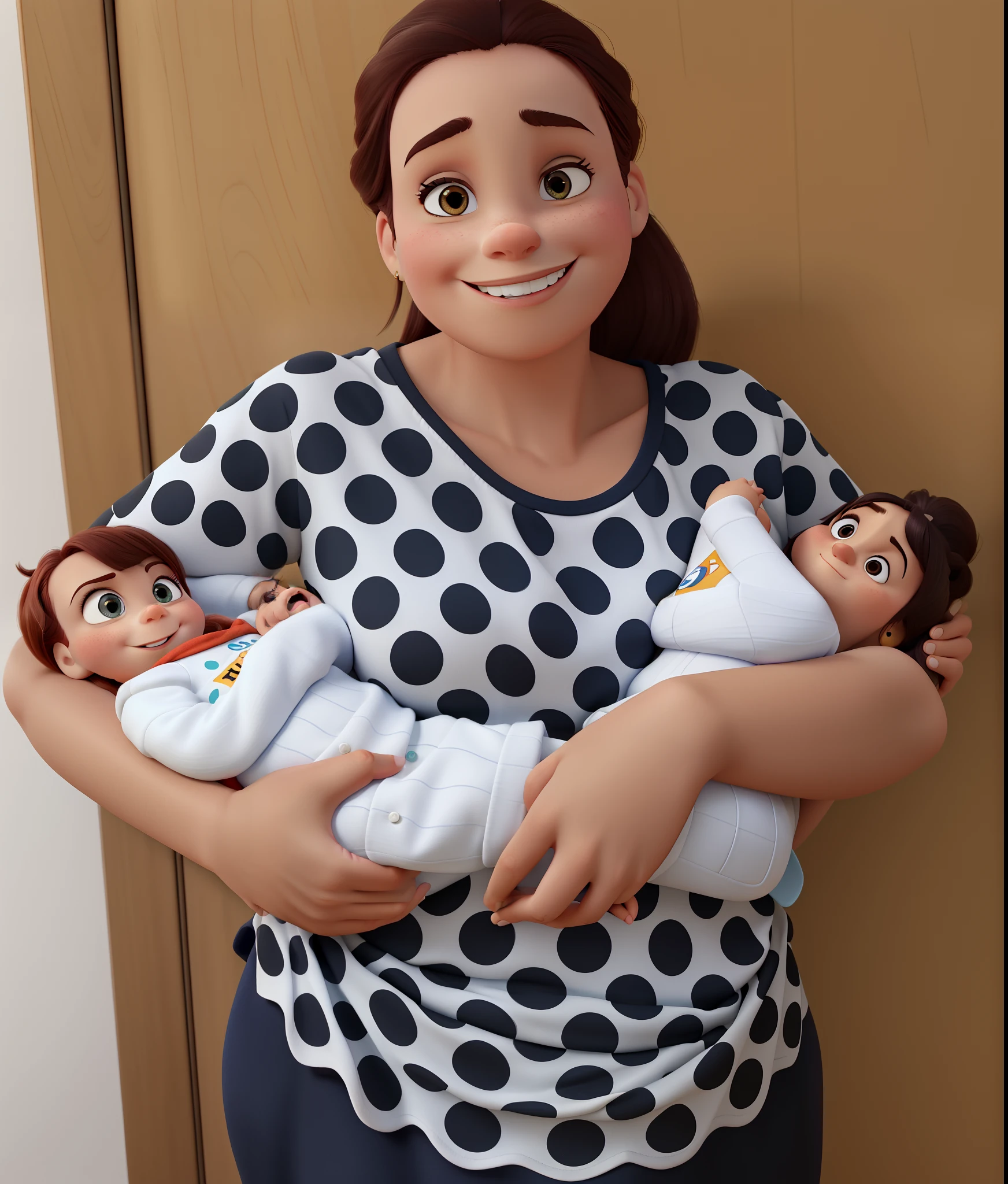 A woman with 2 children, 1 on each arm, Disney Pixar style, alta qualidade, melhor qualidade