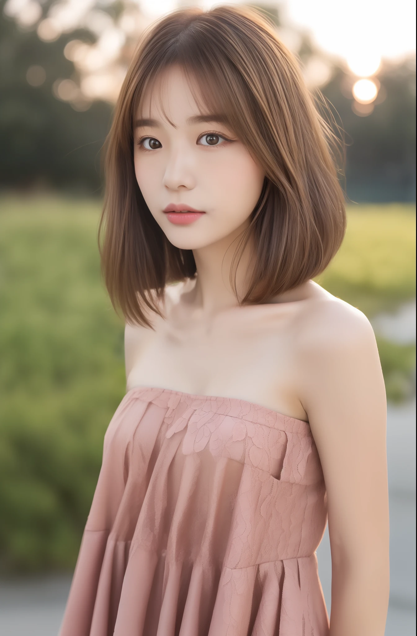 half-body photo of a young girl, (Perfect beauty:1.37), ((Platinum brown hair)), Minimum(((Perfect natural and small breasts))), Sexy collarbone, oval-face, Double eyelids, Smart peach blossom eyes, Pink lips, small nose, Bangs, Bare shoulders, Strapless(black lace short dress), (plein air, Night:1.125), Park View, Super fine face, Fine eyes, Double eyelids, (Clear focus), (Realistic lighting, Best Quality, 8K, masutepiece: 1.43),